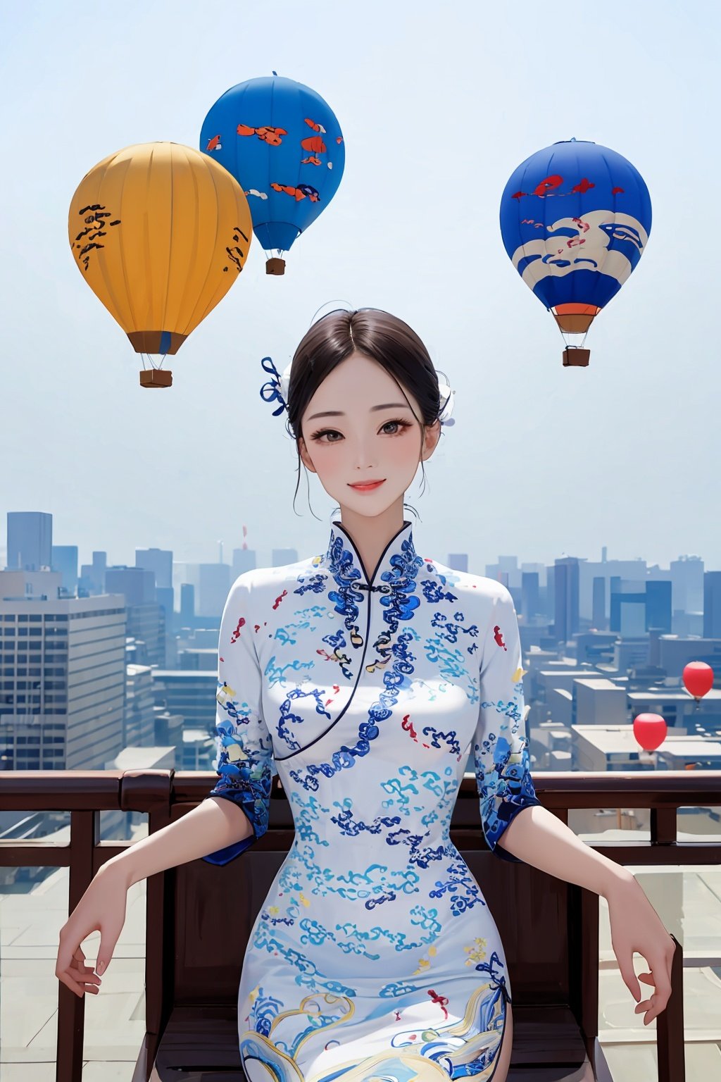 masterpiece,best quality,1girl,smile,sitting,upper body,china dress\(haihang\),long hair,<lora:踏山听海【空姐suit】:0.9>,Whimsical hot air balloons floating in a clear blue sky,