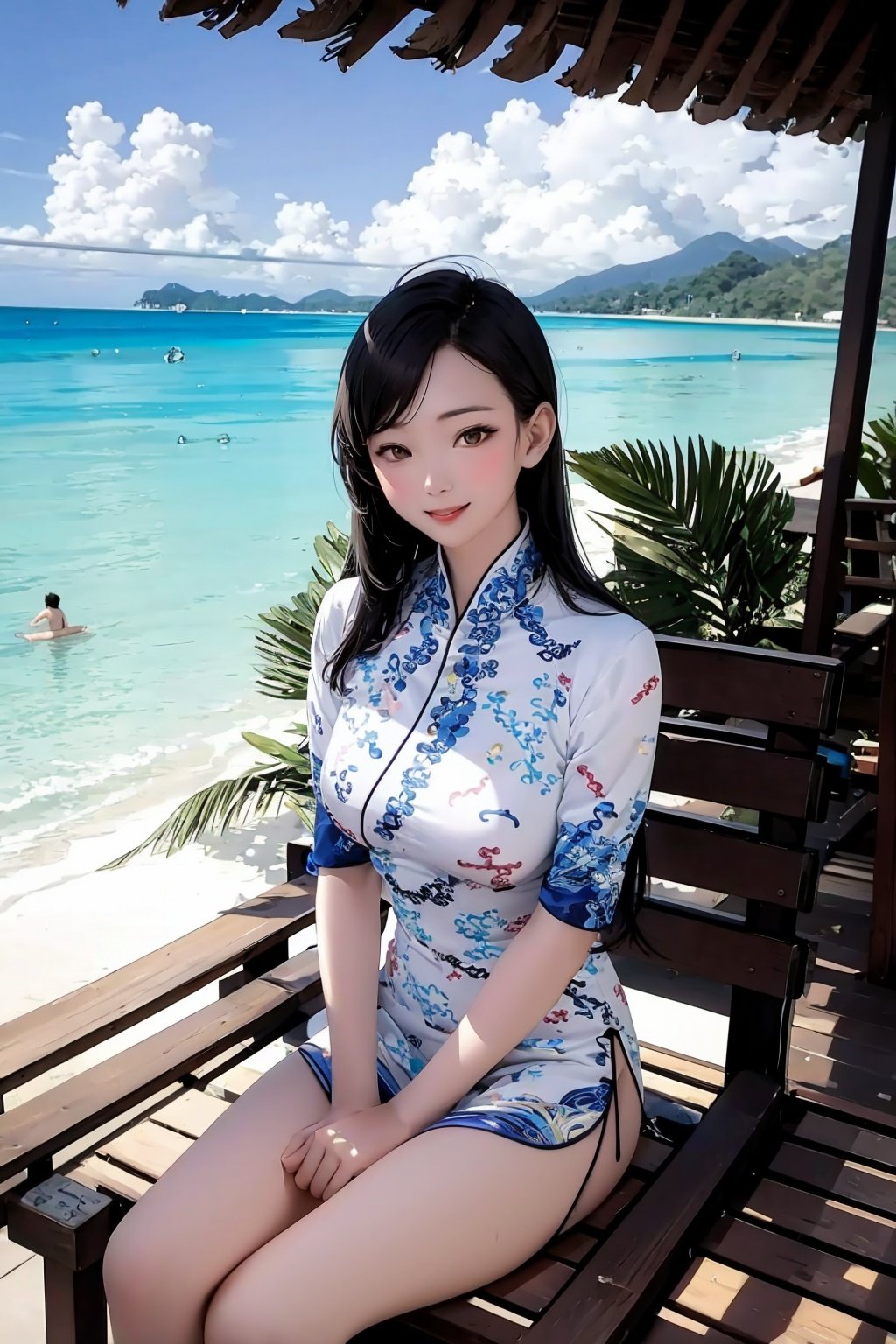 masterpiece,best quality,1girl,smile,sitting,upper body,china dress\(haihang\),long hair,<lora:踏山听海【空姐suit】:0.9>,Tropical paradise with palm trees and crystal-clear waters,