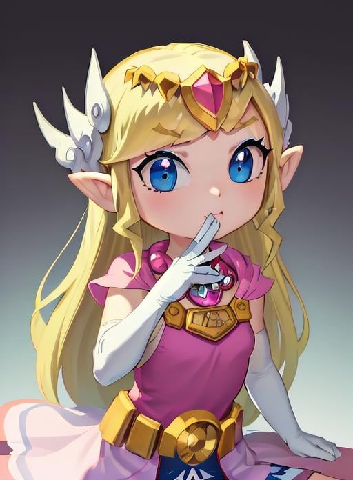 best quality, (masterpiece),(ultra-detailed), (high quality), (high resolution),    <lora:toonzelda:0.7>,toon zelda, long hair, tiara, blonde hair, gloves, pointy ears, jewelry, elbow gloves, dress, blue eyes, makeup, pink dress,chibi