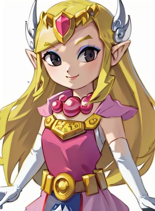 best quality, (masterpiece),(ultra-detailed), (high quality), (high resolution),<lora:toonzelda:0.7>,toon zelda, 1girl, solo, long hair, smile, blonde hair, gloves, dress, jewelry, pointy ears, elbow gloves, belt, necklace, black eyes, makeup, transparent background, tiara, eyeshadow