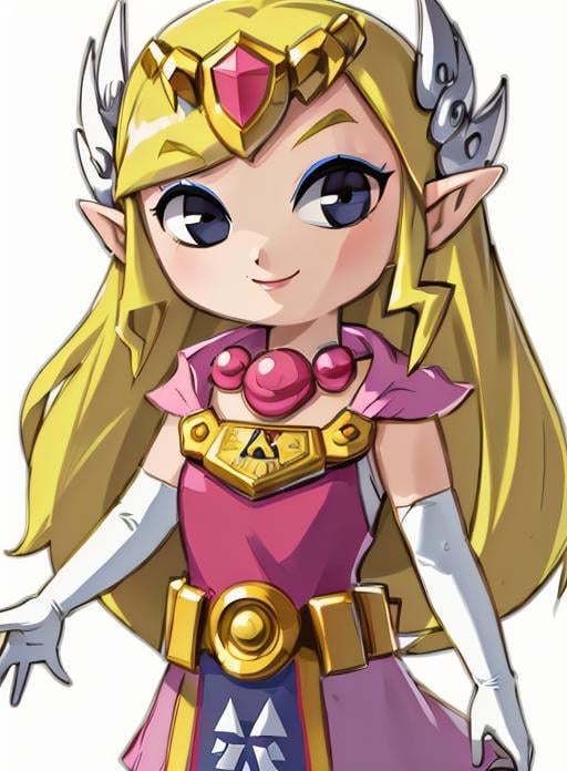 best quality, (masterpiece),(ultra-detailed), (high quality), (high resolution),<lora:toonzelda:0.7>,toon zelda, 1girl, solo, long hair, smile, blonde hair, gloves, dress, jewelry, pointy ears, elbow gloves, belt, necklace, black eyes, makeup, transparent background, tiara, eyeshadow,chibi, 