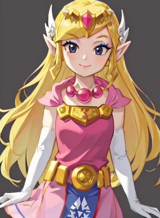 best quality, (masterpiece),(ultra-detailed), (high quality), (high resolution),<lora:toonzelda:0.7>,toon zelda, 1girl, solo, long hair, smile, blonde hair, gloves, dress, jewelry, pointy ears, elbow gloves, belt, necklace, black eyes, makeup, transparent background, tiara, eyeshadow