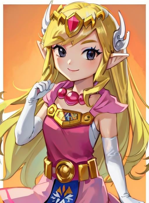 best quality, (masterpiece),(ultra-detailed), (high quality), (high resolution),<lora:toonzelda:0.7>,toon zelda, 1girl, solo, long hair, smile, blonde hair, gloves, dress, jewelry, pointy ears, elbow gloves, belt, necklace, black eyes, makeup, transparent background, tiara, eyeshadow