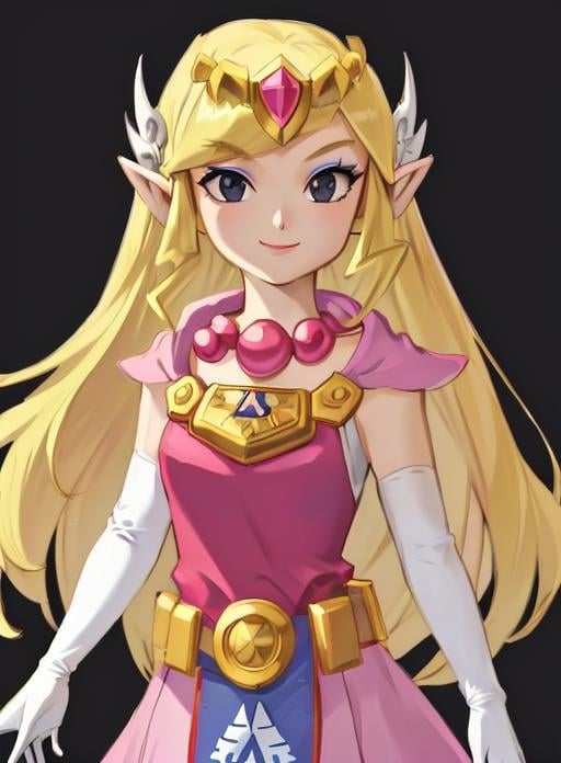 best quality, (masterpiece),(ultra-detailed), (high quality), (high resolution),<lora:toonzelda:0.7>,toon zelda, 1girl, solo, long hair, smile, blonde hair, gloves, dress, jewelry, pointy ears, elbow gloves, belt, necklace, black eyes, makeup, transparent background, tiara, eyeshadow