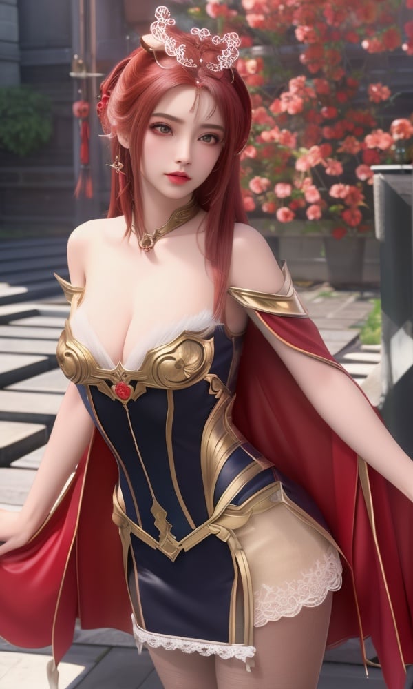 (,1girl, ,best quality, )<lora:DA_曼珠沙华-完美世界:0.8>,, ,masterpiece, fantasy, realistic,science fiction,mole, ultra realistic 8k cg, ,tamari \(flawless\),  medium breasts,cleavage,strawberry blossoms,lace ,ribbon, pantyhose,    (()), (),