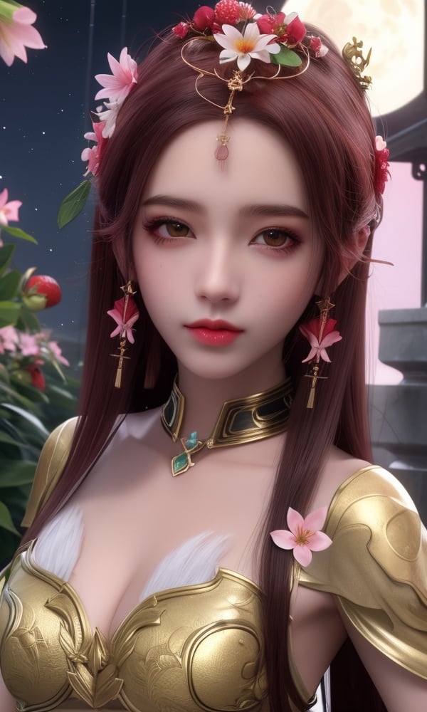 (,1girl, ,best quality, )<lora:DA_曼珠沙华-完美世界:0.6>,, ,masterpiece, fantasy, realistic,science fiction,mole, ultra realistic 8k cg, ,tamari \(flawless\),  medium breasts  ,lily \(flower\) ,full moon ,strawberry blossoms      (()), (),