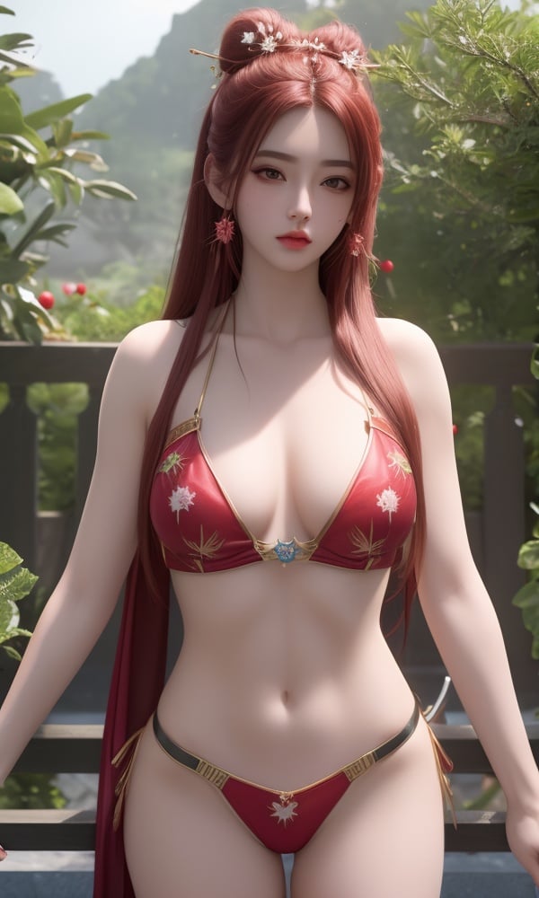 (,1girl, ,best quality, )<lora:DA_曼珠沙华-完美世界:0.6>,, ,masterpiece, fantasy, realistic,science fiction,mole, ultra realistic 8k cg, ,tamari \(flawless\),  medium breasts,strawberry blossoms,bikini,    (()), (),