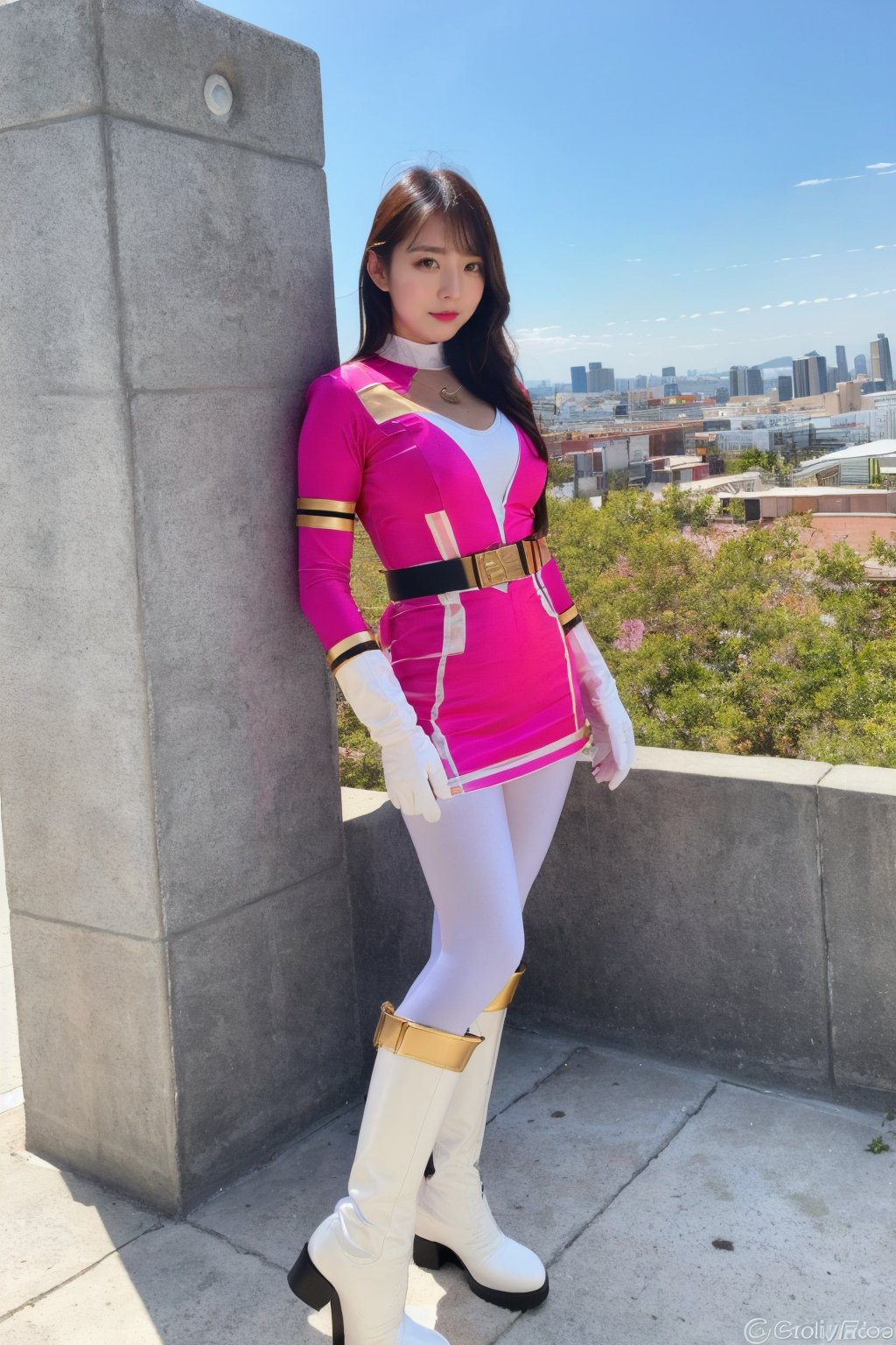 (masterpiece, best quality, ultra-detailed, 8K, ), high detail, 

1girl, pink bodysuit, pilot suit , power rangers ,white gloves,belt , white boots, pink pantyhose  ,pink footwear, skirt ,full body,  cityscape,bodysuit,power ranger, big_breasts