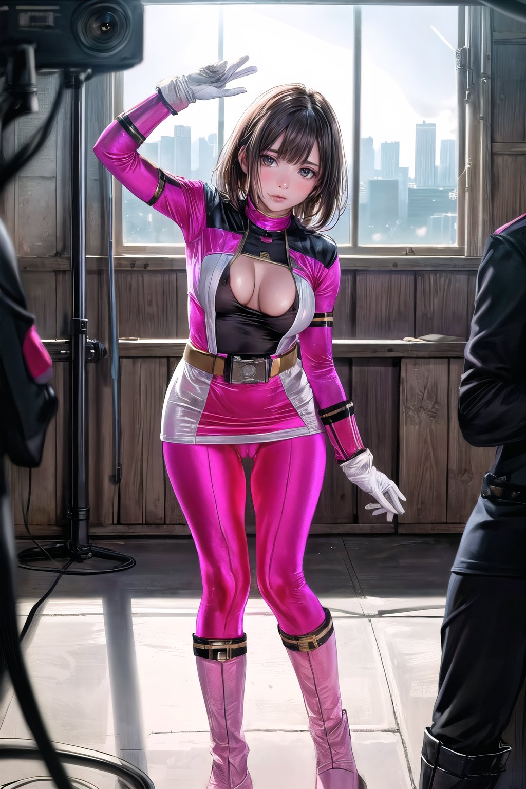 (masterpiece, best quality, ultra-detailed, 8K, ), high detail, nsfw,

1girl, pink bodysuit, pilot suit , power rangers ,white gloves,belt , white boots, pink pantyhose  ,pink footwear, skirt ,full body,  cityscape,bodysuit,power ranger, big_breasts, sexy_pose, cleavage cutout,  leaning_forward,

(translucent glowing dress:1.3), (translucent:1.3), (thin fabric:1.2), ((naked underneath)), ((cameltoe)), octane render, unreal engine, (depth of field:1.2), (realistic:1.3), cinematic shot, natural lighting,nsfw,see-through,bubble,bioluminescent dress,liquid clothes,power ranger