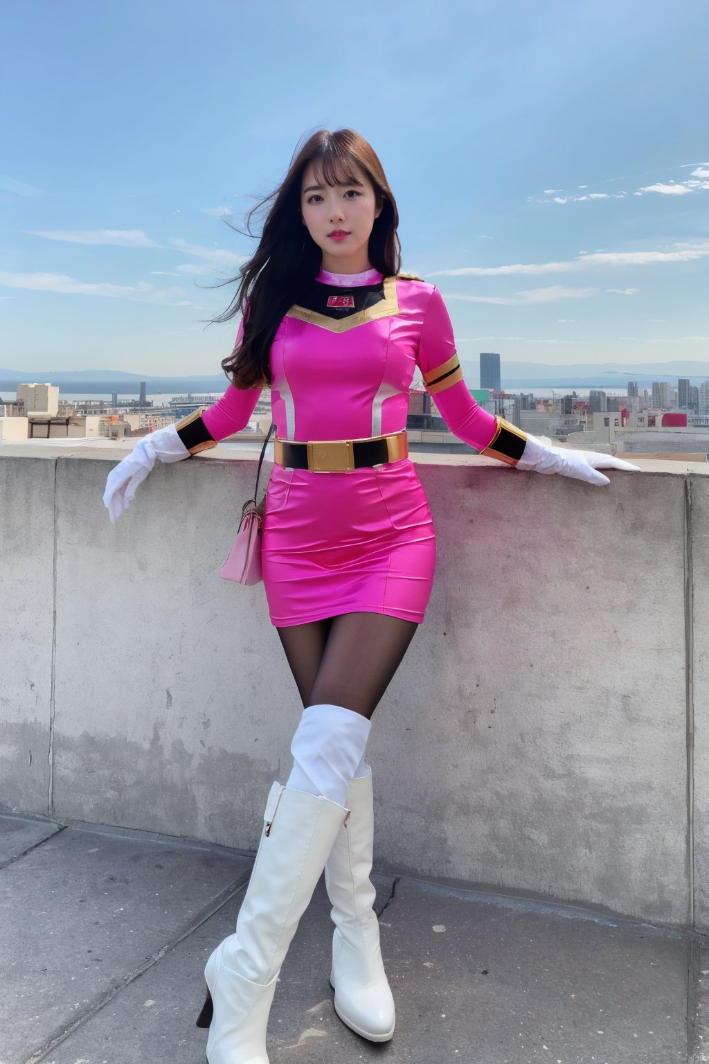 (masterpiece, best quality, ultra-detailed, 8K, ), high detail, 

1girl, pink bodysuit, pilot suit , power rangers ,white gloves,belt , white boots, pink pantyhose  ,pink footwear, skirt ,full body,  cityscape,bodysuit,power ranger, big_breasts