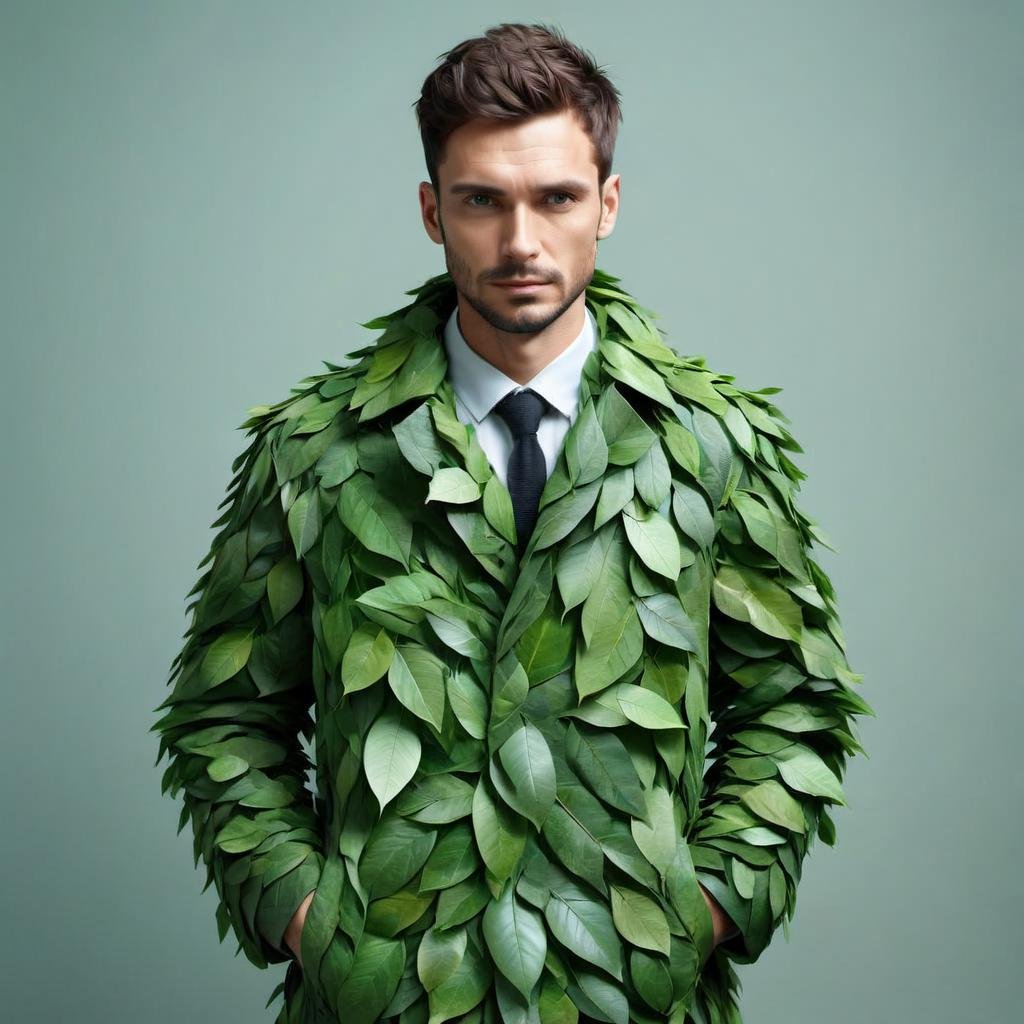 a coat made out of leaves, a man, outdoor, simple background <lora:LeafStyle:0.5>