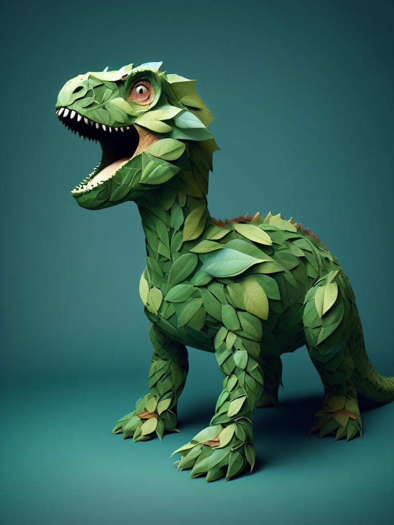 a dinosaur made out of leaves,masterpiece,epic,cinematic,flowers,epic,16k,(photoreal,realistic),fantasy, soft lighting,trending,<lora:LeafStyle:1>