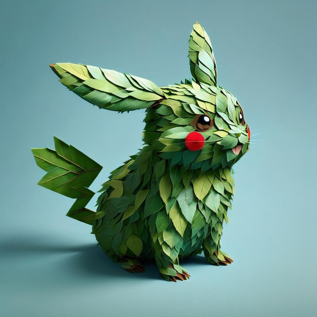 indoor, a pikachu made out of leaves,  <lora:LeafStyle:1>