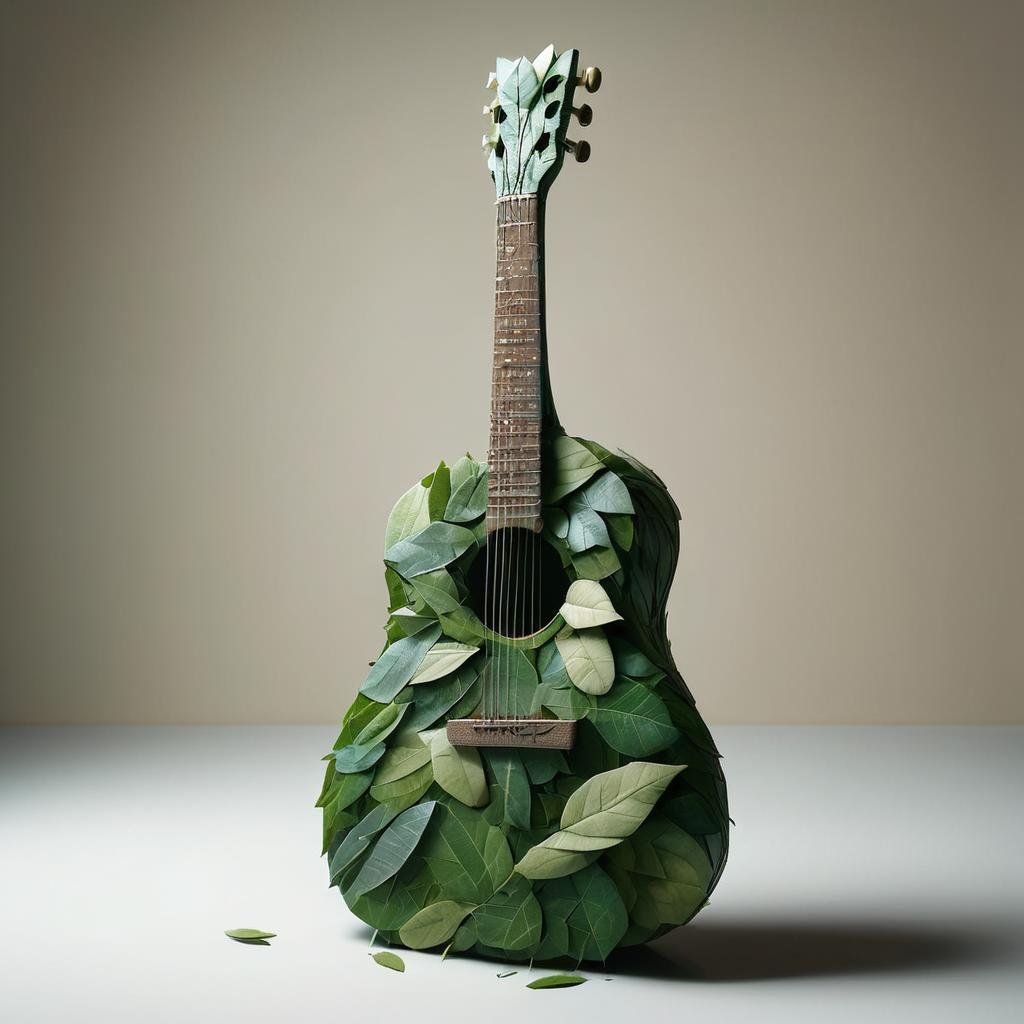 indoor, a wooden table, a guitar made out of leaves,  <lora:LeafStyle:1>