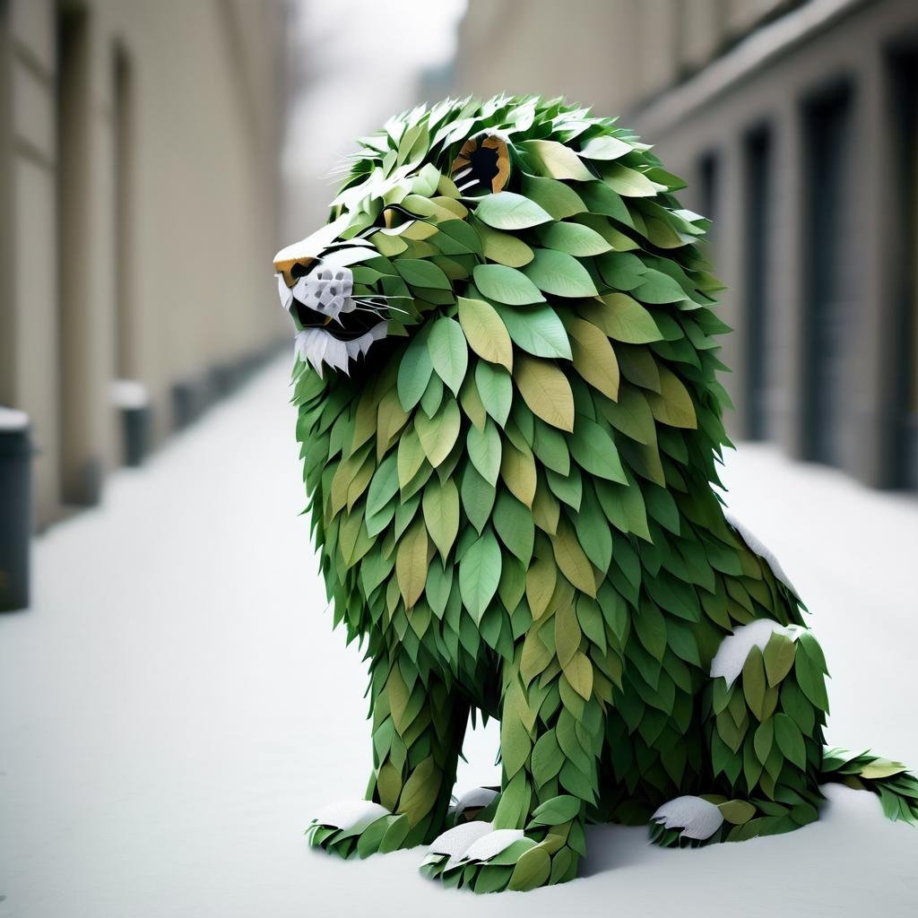 a lion made out of leaves, street background, winter, snow, outdoor, <lora:LeafStyle:1>