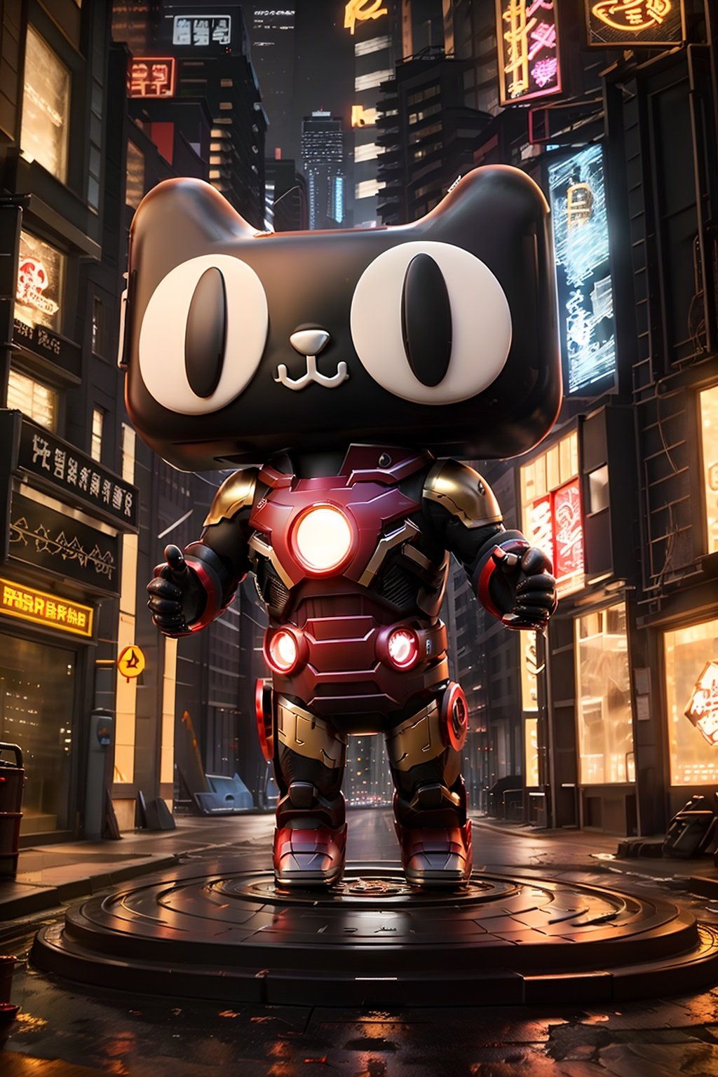 masterpiece,best quality,tianmao ip\(ip\),Black Cat,tianmao transforms into Iron Man,outdoors,full body,on the street,mechanical sense,plumbing,technology,Night,cyberpunk,buildings,streets,C4D,3D,Simple background,<lora:tianmao ip-000006:0.65>,