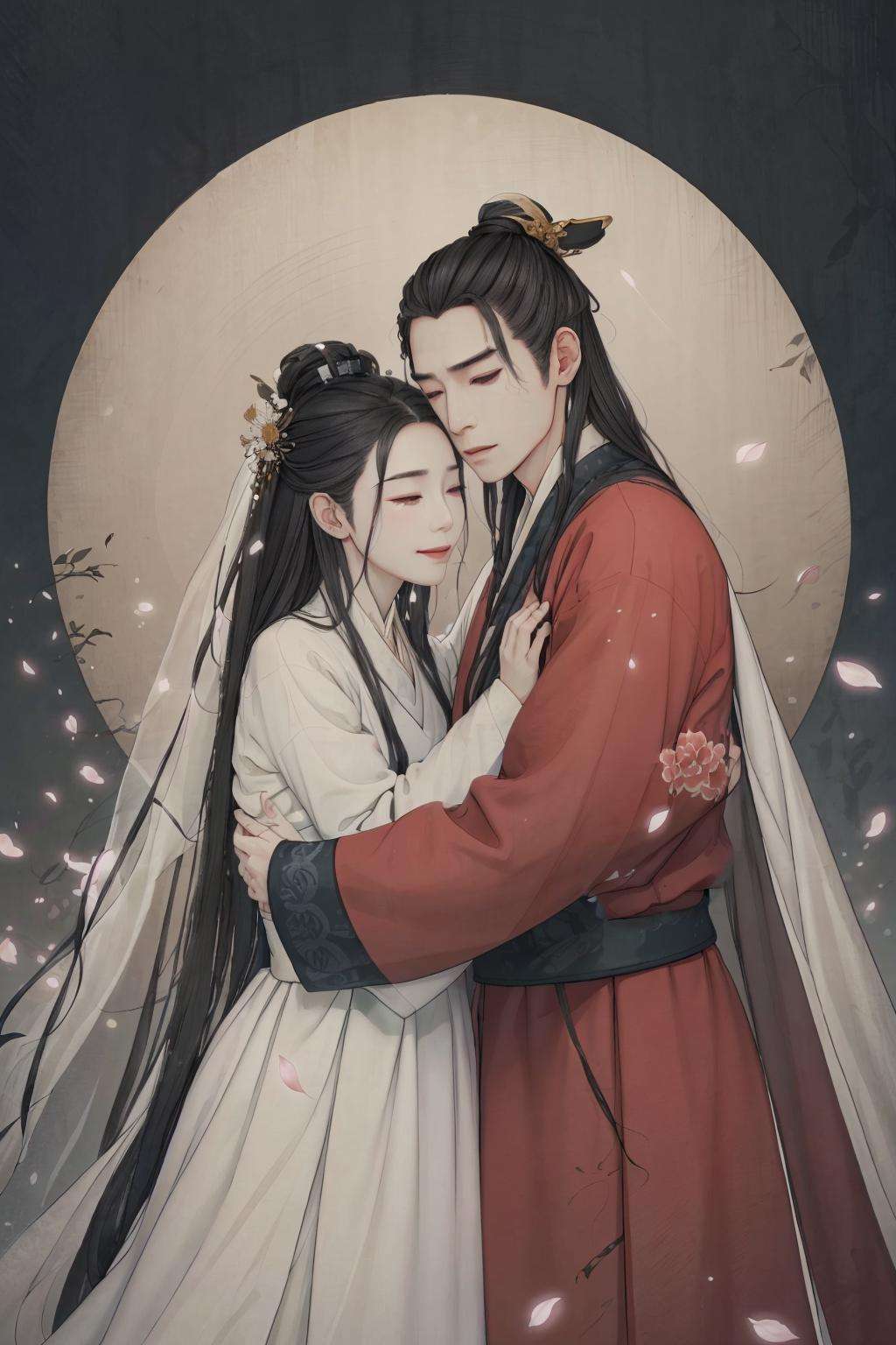 (masterpiece:0.8),best quality,gongbiv,gongbi painting,1girl,1boy,long hair,black hair,hug,long sleeves,chinese clothes,hetero,veil,petals,standing,topknot,hanfu,closed eyes,robe,wide sleeves,very long hair,black eyes,crying,closed mouth,hair bun,parted lips,single hair bun,lips,couple,hand on another's head,smile,facing viewer,red lips,black robe,hair ornament,tears,sash,white robe,hat,Chinese style meticulous painting,<lora:gongbi painting:0.8>,
