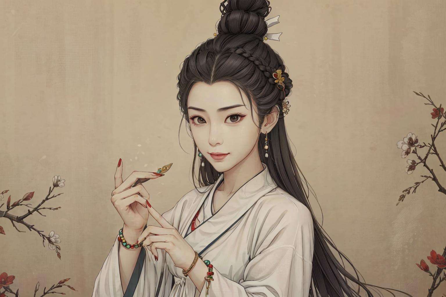 (masterpiece:0.8),best quality,gongbiv,gongbi painting,1girl,solo,chinese clothes,jewelry,hanfu,long hair,earrings,looking at viewer,black hair,smile,simple background,robe,fingernails,hair bun,red nails,nail polish,wide sleeves,beads,upper body,black eyes,long sleeves,hair ornament,hands up,lips,bracelet,white robe,single hair bun,hair pulled back,half updo,brown eyes,closed mouth,topknot,long fingernails,bow,brown hair,red lips,hair stick,braid,hair bow,Chinese style meticulous painting,<lora:gongbi painting:0.8>,