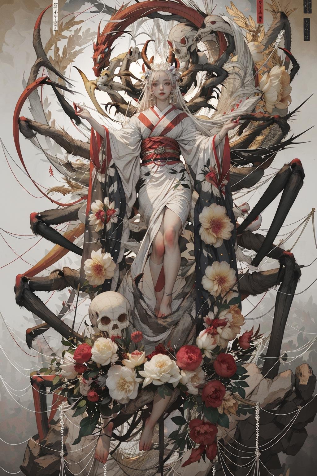 (masterpiece:1.2),best quality,realistic,ghost nocturnal,1girl,silk,spider web,long hair,arthropod girl,japanese clothes,kimono,hair ornament,white hair,solo,bug,very long hair,skull,obi,sash,spider girl,flower,looking at viewer,hair flower,arthropod limbs,barefoot,horns,extra arms,extra eyes,red eyes,red flower,spider,wide sleeves,short eyebrows,white kimono,long sleeves,colored sclera,forehead mark,closed mouth,colored skin,full body,<lora:ghost nocturnal-000018:1>,