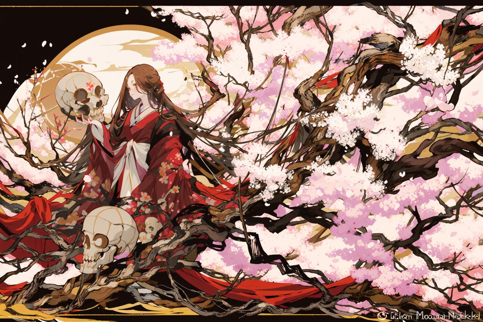 -ghost nocturnal, 1girl, long hair, solo, cherry blossoms, tree, skull, japanese clothes, moon, kimono, brown hair, full moon, very long hair, petals<lora:ghost nocturnal-000018:1>