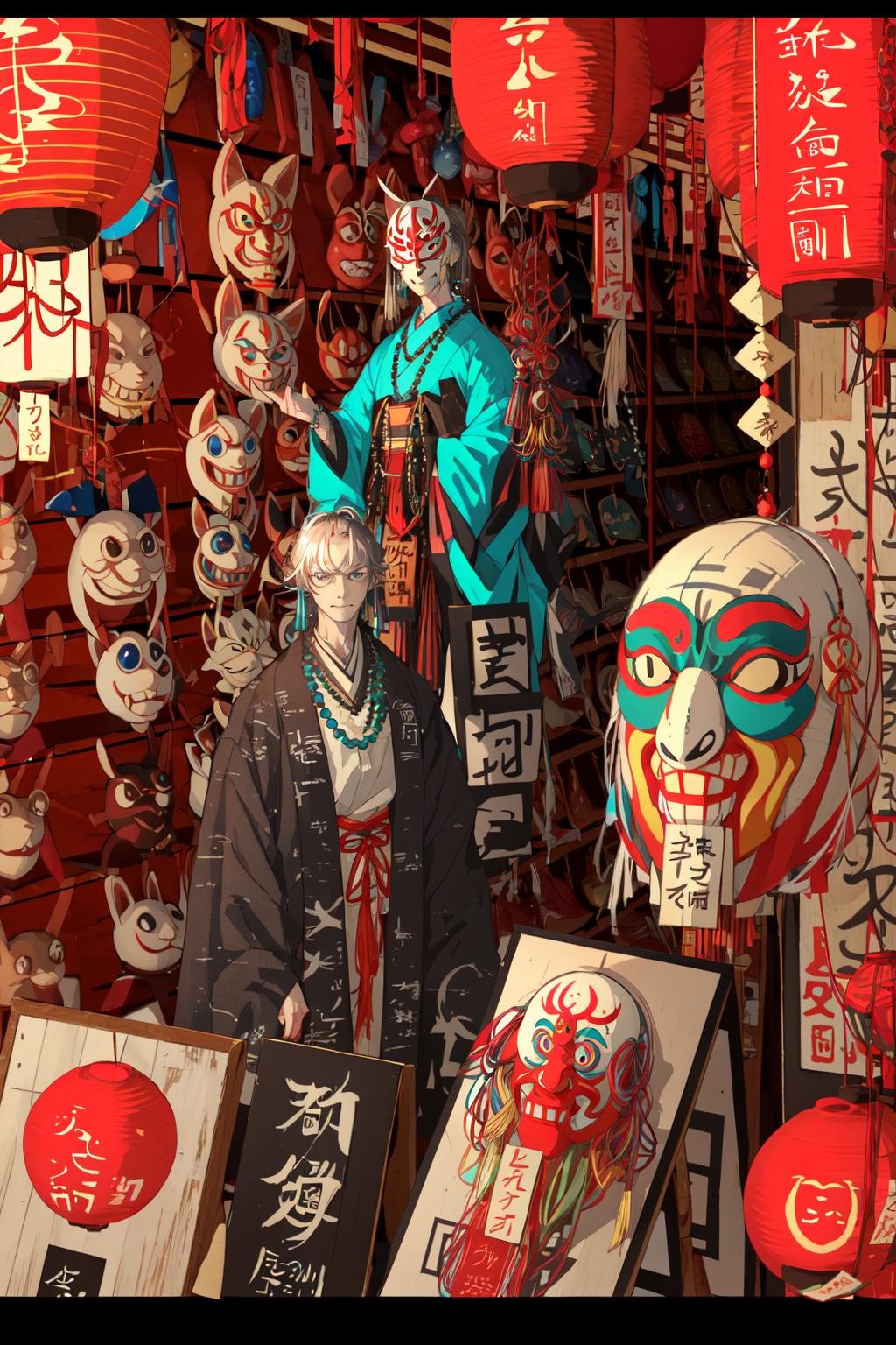 -ghost nocturnal, mask, lantern, paper lantern, fox mask, japanese clothes, 1girl, kimono, sash, jewelry, letterboxed, looking at viewer, beads, oni mask, necklace, obi, bead necklace, blue eyes, 1boy, wide sleeves, banner, holding, low ponytail, noh mask, pinwheel, magatama, traditional youkai, grey hair, standing, earrings, ponytail, long sleeves, prayer beads, long hair, tassel<lora:ghost nocturnal-000018:1>