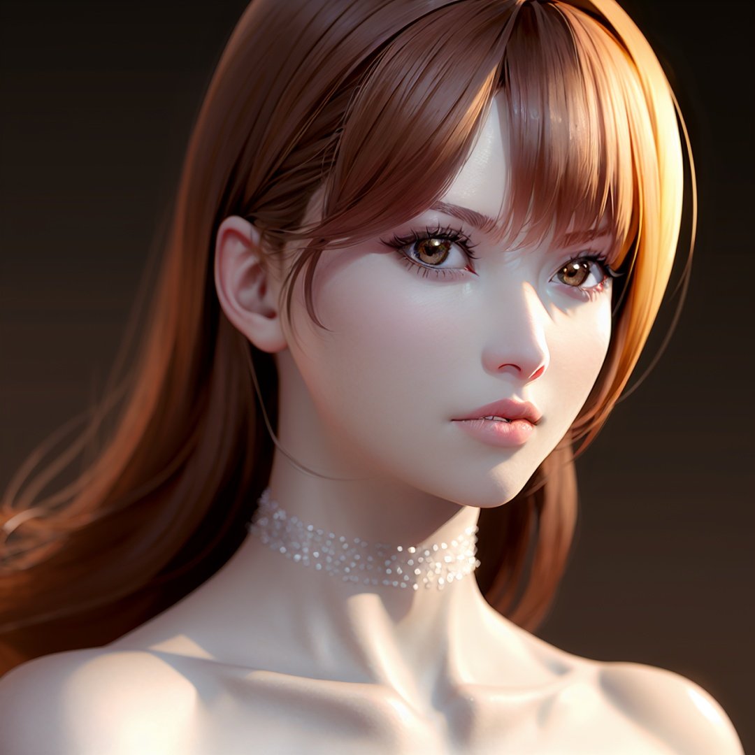 realistic,black background,1girl, solo, choker, brown eyes, long hair, kasumi \(doa\), realistic, looking at viewer, brown hair, lips, collarbone, 