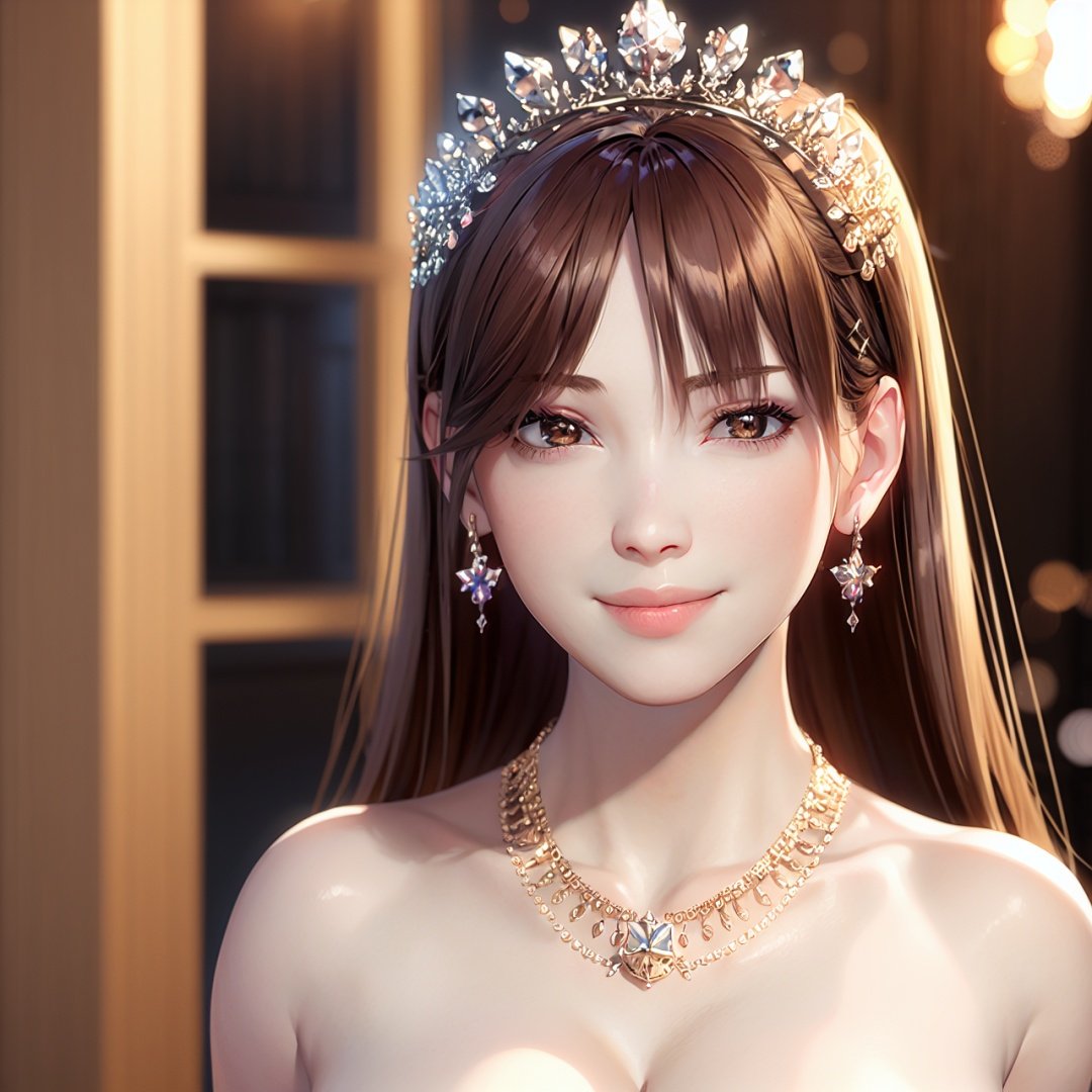 1girl, solo, jewelry, necklace, breasts, dress, brown hair, looking at viewer, earrings, cleavage, tiara, smile, bare shoulders, long hair, veil, brown eyes, blurry, realistic