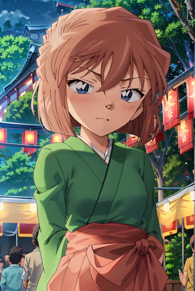 haibaratv,1girl,anime screencap,brown hair,short hair,medium breasts,(japanese clothes:1.4),(Festival:1.3),night,fireworks,embarrassed, (nose blush:1.3),arms behind back, <lora:haibaratv:0.8>