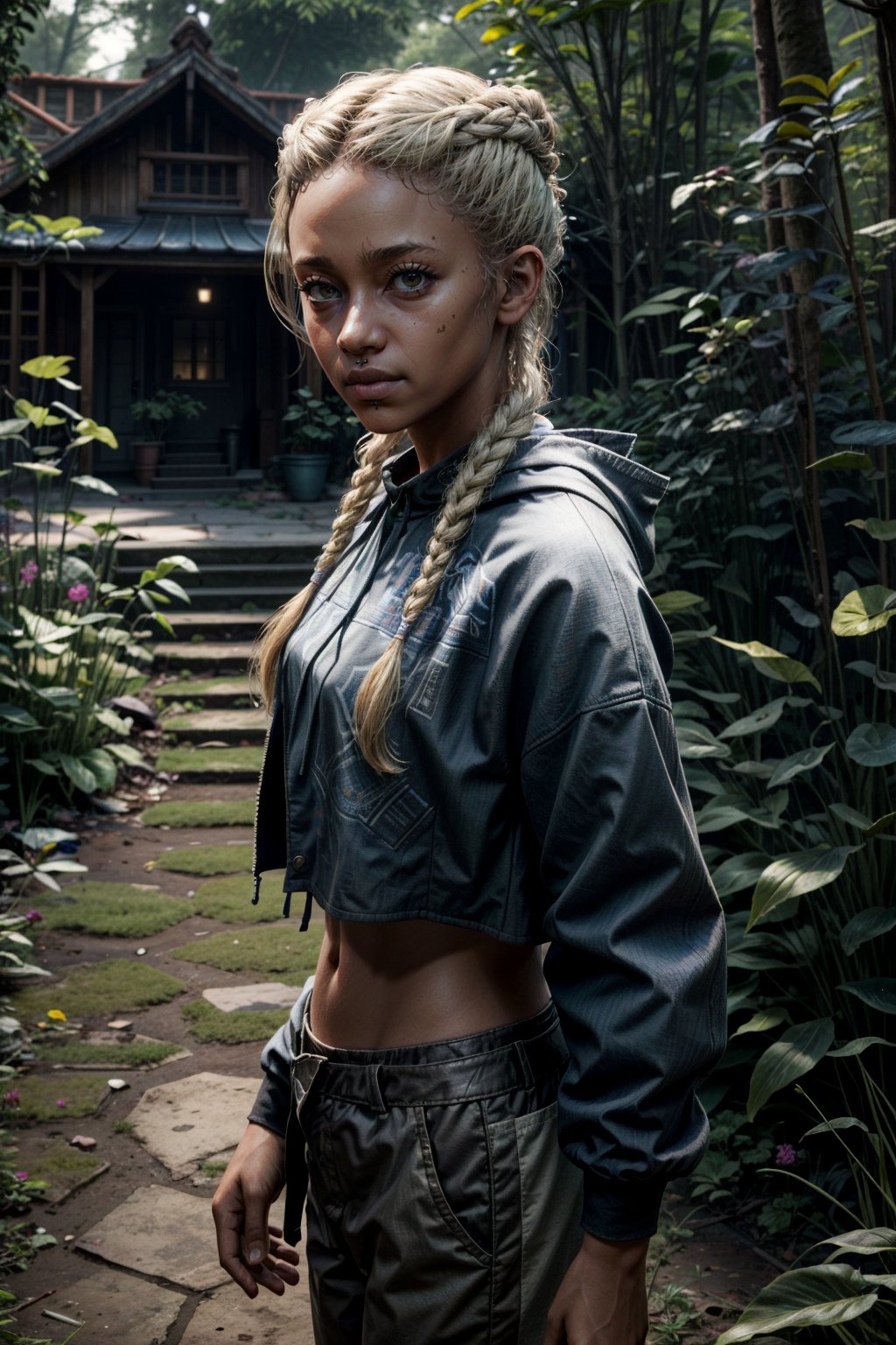 ((masterpiece, best quality)) FarCryNewMickey, 1girl, solo, brown eyes, braids, blonde hair, roaming through a mystical, overgrown garden filled with oversized
