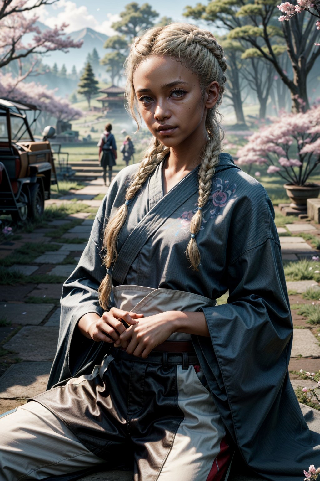 ((masterpiece, best quality)) FarCryNewMickey, 1girl, solo, brown eyes, braids, blonde hair, in a traditional kimono, surrounded by cherry blossoms, one hand on the thigh
