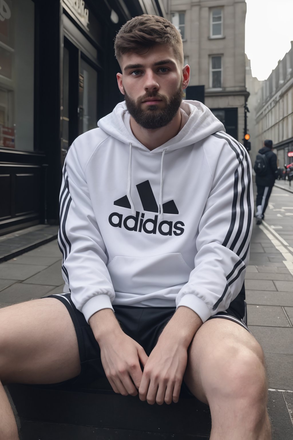 BeardAlpha, ChavAlpha, (ultra realistic, 32k, RAW photo:1.1), 8k uhd, dslr, high quality, film grain, (a 25yo man), sitting, london street, dynamic pose, adidas, perfect hands, perfect skin, looking at viewer  