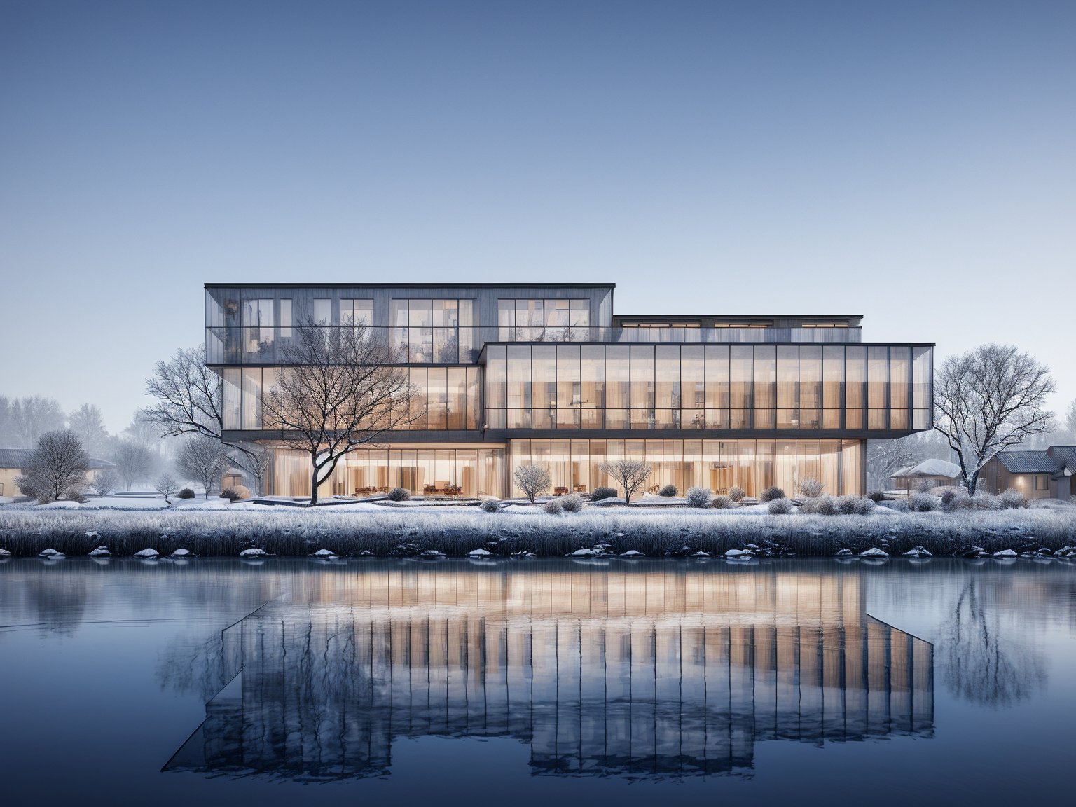 Snowy scene, winter, a river in front of the building, building reflection in the water, building, Realism, texture, high definition,<lora:UIAbs1.0:0.6> <lora:add_detail:0.3> <lora:epi_noiseoffset2:0.3>