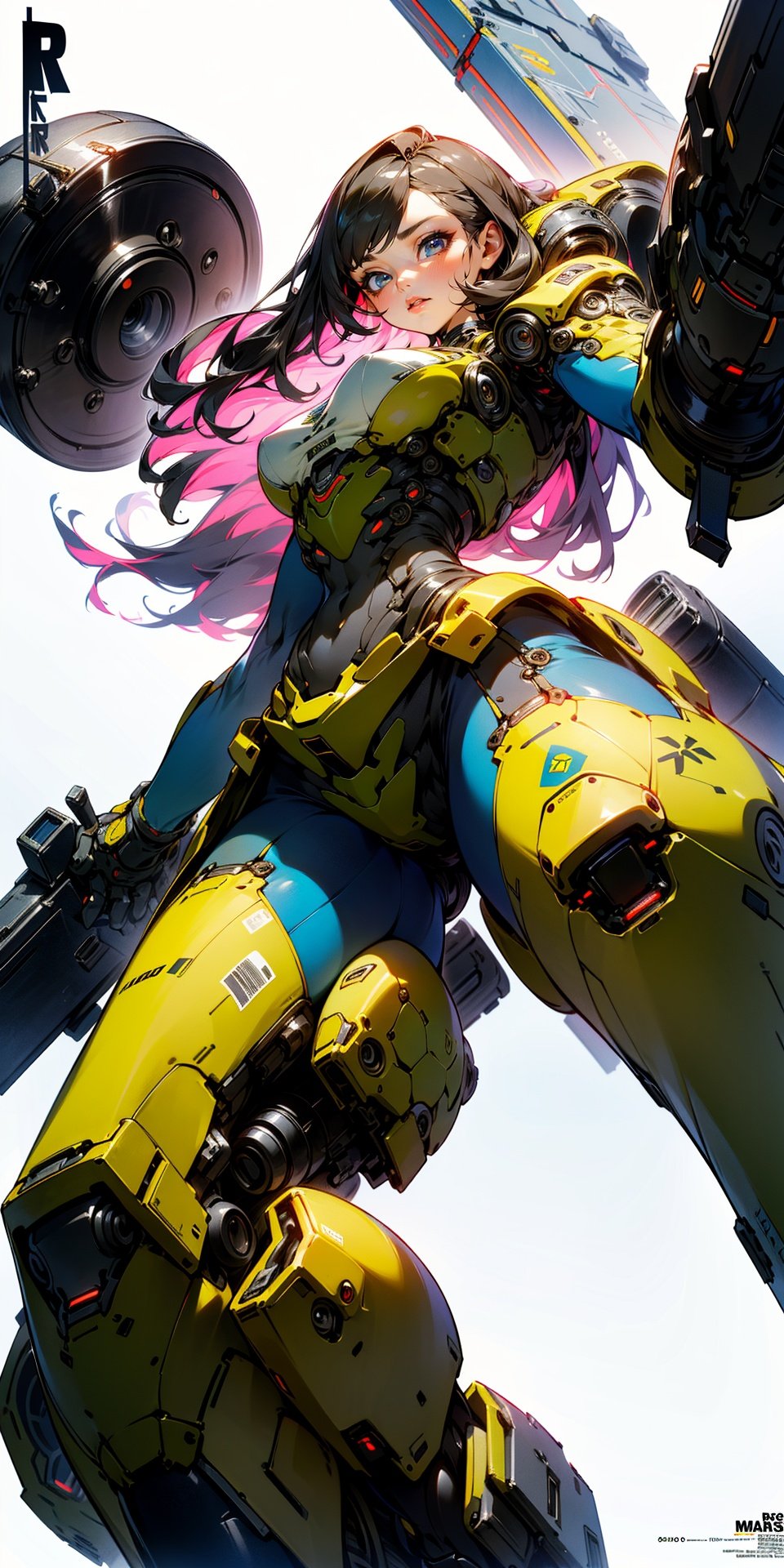  1girl, parted lips, hair blowing in wind, open hand, machinery, Mecha, science fiction, machinery armor, Metallic luster, electroplated, clothes sign, Mars, spaceship, floating cannon, hexagon, (from below:1.2), glow, backlighting, (background blur:1.2), cinematic lighting, Low illumination, VHS-style, (masterpiece:1.3), (best quality:1.1), intricate detailed, (Hyperrealistic:1.1), (realistic details:1.1), highly detailed, (the text on the cover should be bold and attention-grabbing, with the title of the magazine and a catchy headline:1.4), , ,ROBORT