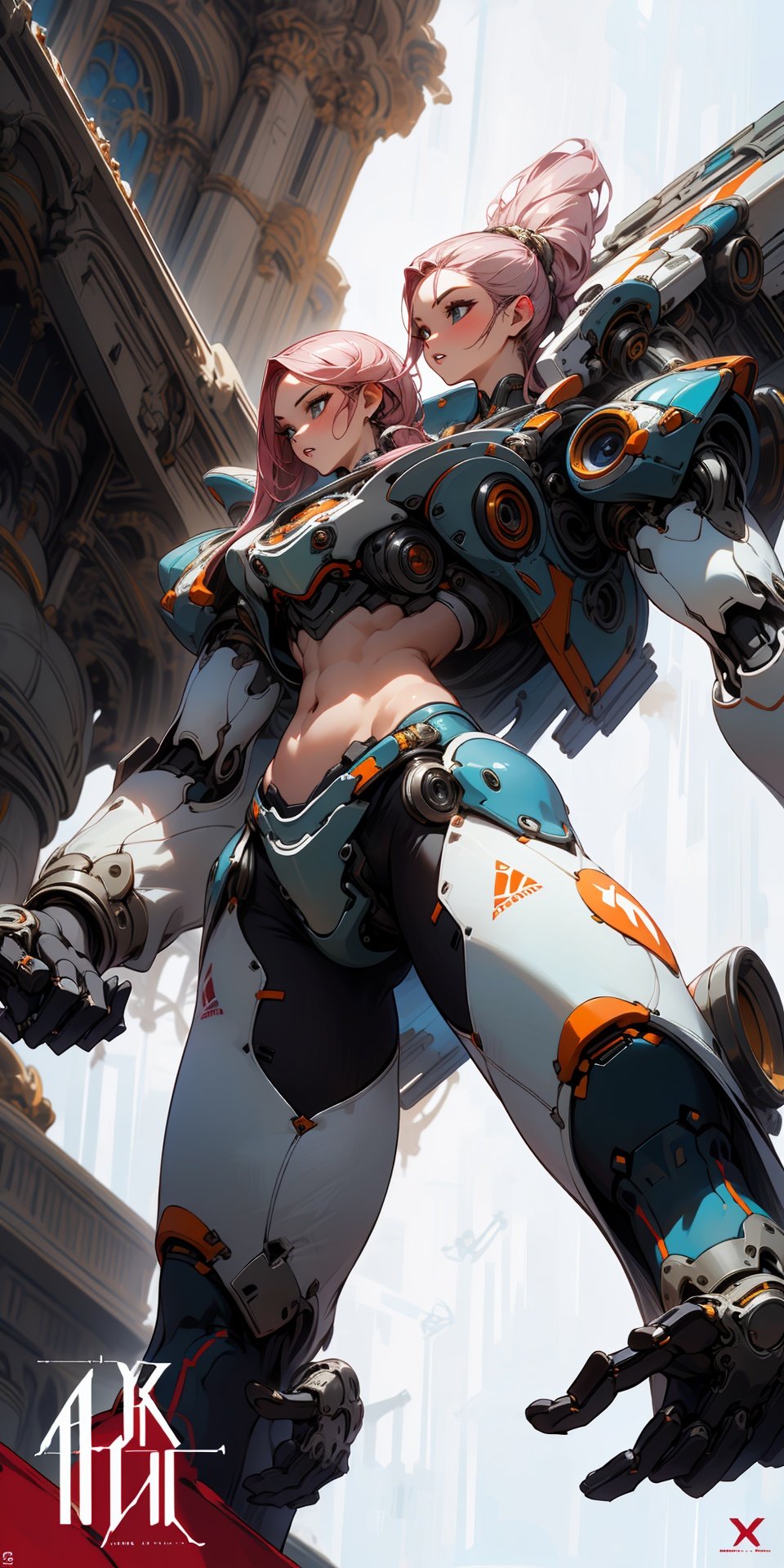  1girl, parted lips, hair blowing in wind, open hand, machinery, Mecha, science fiction, white machinery armor, Metallic luster, electroplated, clothes sign, Mars, spaceship, floating cannon, hexagon, (from below:1.2), glow, backlighting, (background blur:1.2), cinematic lighting, Low illumination, VHS-style, (masterpiece:1.3), (best quality:1.1), intricate detailed, (Hyperrealistic:1.1), (realistic details:1.1), highly detailed, (the text on the cover should be bold and attention-grabbing, with the title of the magazine and a catchy headline:1.4), , ,ROBORT,Dancing,ABS