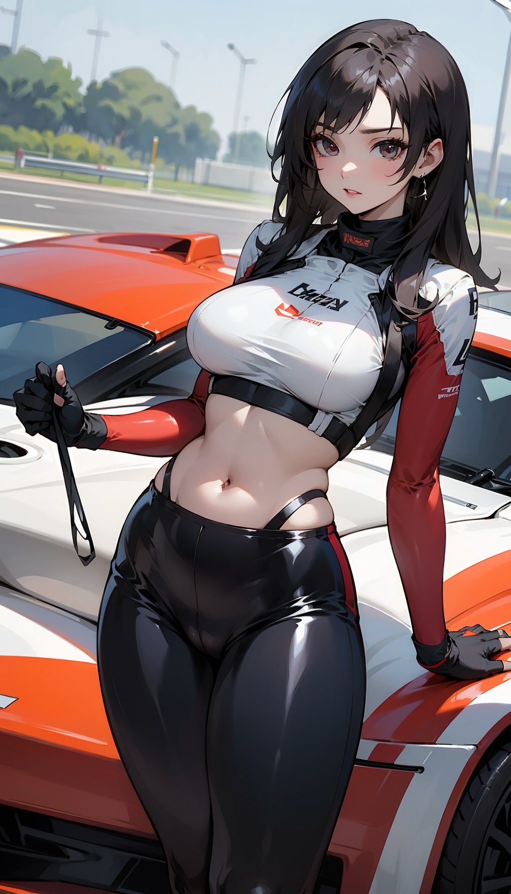  1 female racing driver, racing suit, navel exposed, thighs exposed, sports car, track,Tight latex clothing, tifa lockhart