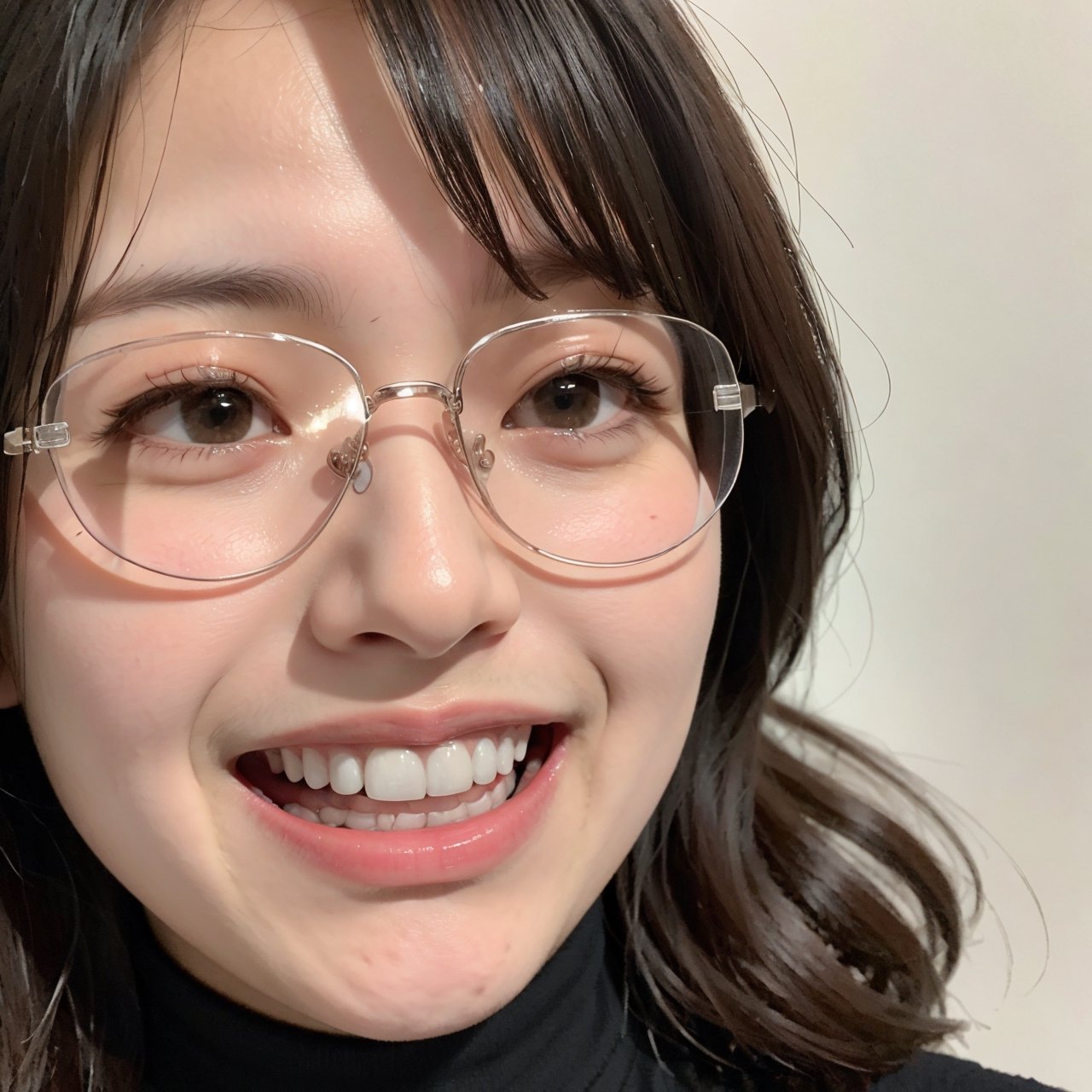 best quality,  masterpiece,  ultra high resolution,  (photorealistic:1.2),  RAW photo,  1girl,  solo(semi-rimless eyewear,  :1.3)BREAK(forehead:1.3) plump( focus face,  upper body,  :1.3)BREAK
turtleneck,(very happy:1.5),(open_mouth:1.2)
(close_up shot:1.1)(double teeth;1.2)