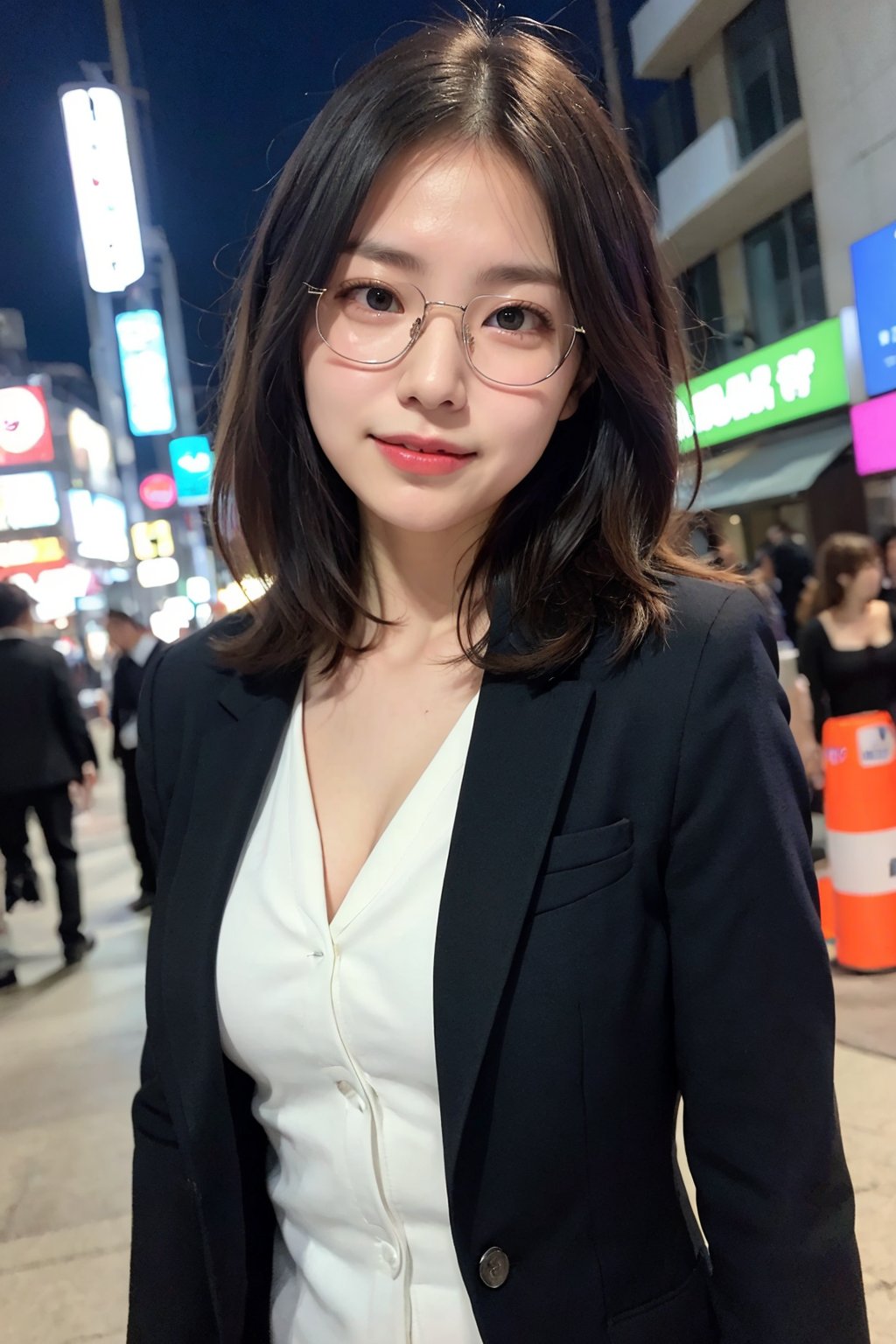 best quality, masterpiece, ultra high resolution, (photorealistic:1.2),mature female, 40 years old,( semi-rimless eyewear,:1.3)BREAKbrown_eyes, black_hair, (short hair:1.2), (forehead:1.5),(small breasts, wide hips, large thighs,:1.2)light smile,BREAKShe is wearing (a black tailored jacket :1.4), (a white shirt:1.4), (black suit style:1.4),BREAK(She is standing on osaka night street:1.4)."A woman in a suit smiling and saying 'good evening' on a busy city street at night. The scene includes bright streetlights, neon signs, silhouettes of skyscrapers, and a bustling urban atmosphere with cafes and restaurants, emphasizing her professional look and serene expression."( focus face,upper body,:1.5)(closeup shot:1.5)(RAW photo:1.3)