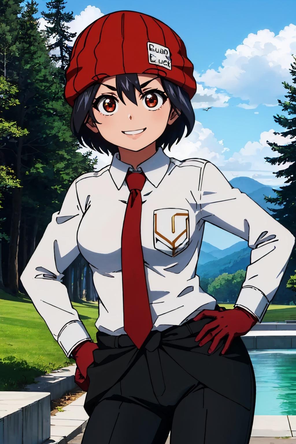 (masterpiece, best quality:1.2), solo, 1girl, izumo fuuko, smile, looking at viewer, hand on hip, red headwear, beanie, v-shaped eyebrows, collared shirt, white shirt, red necktie, gloves, black pants, outdoors <lora:undeadunluck_izumo-10:0.8>