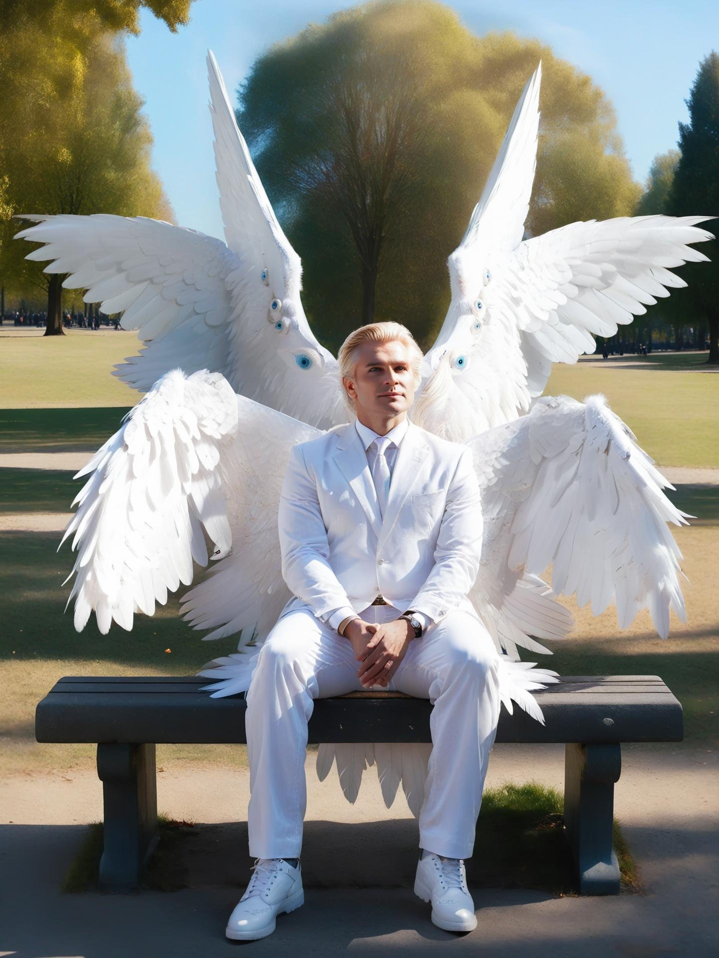 angel man in white business suit sitting on a bench in park, (biblically accurate angel), multiple eyes, (feather) wings, seraphim, folding hands, (angelic creature, biblaccurang), blue sky, bokeh, <lora:biblaccurang_lora_sdxl:1>