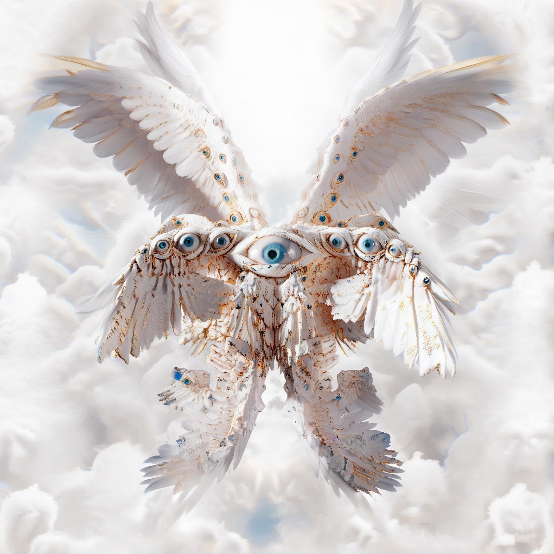 beautiful seraphim, golden heaven, blue sky, mist, feather wings, big eyes, biblically accurate angel, biblaccurang, masterpiece, bokeh, realistic, detailed<lora:biblaccurang_lora_sdxl:0.85>