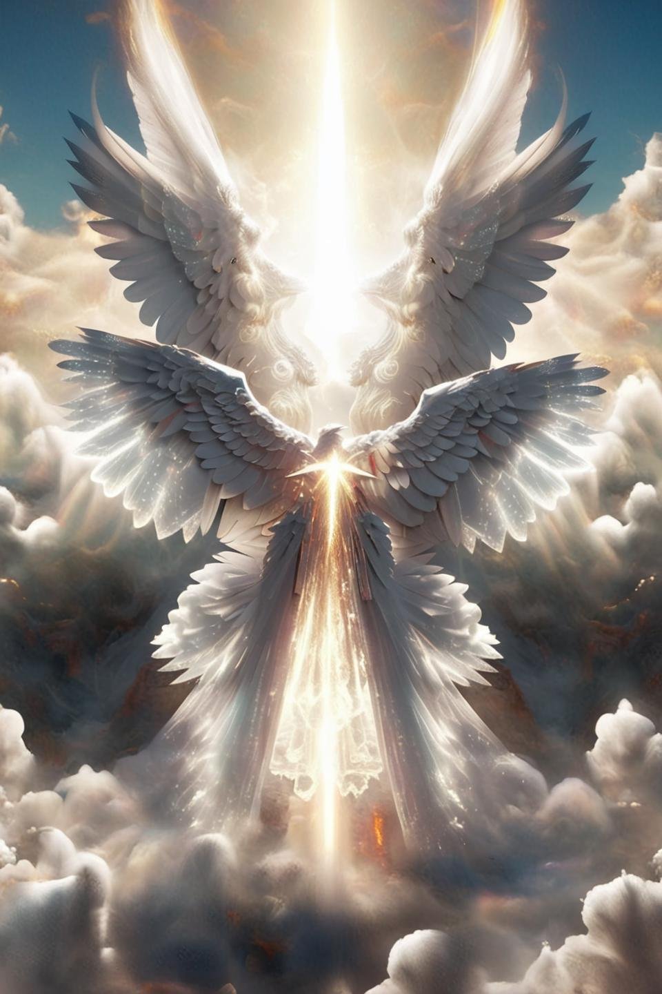 (cherubim), a hyperrealism cinemascope landscape long shot photograph, at twilight, intricate accurate details, waves have receded, sun, clouds, atmospheric, detailed, colorful cloudy sky, horizon, mountain, sunlight, masterpiece, best quality, HDR, 8k resolution, (looking at camera), light ray, light particles, (angelic creature, biblically accurate angel, biblaccurang), huge wings of divine light spread out, all formed by divine light particles, the huge and magnificent (translucent wings:1.8) wings of holy light shining brightly<lora:biblaccurang_lora_sdxl:0.9>