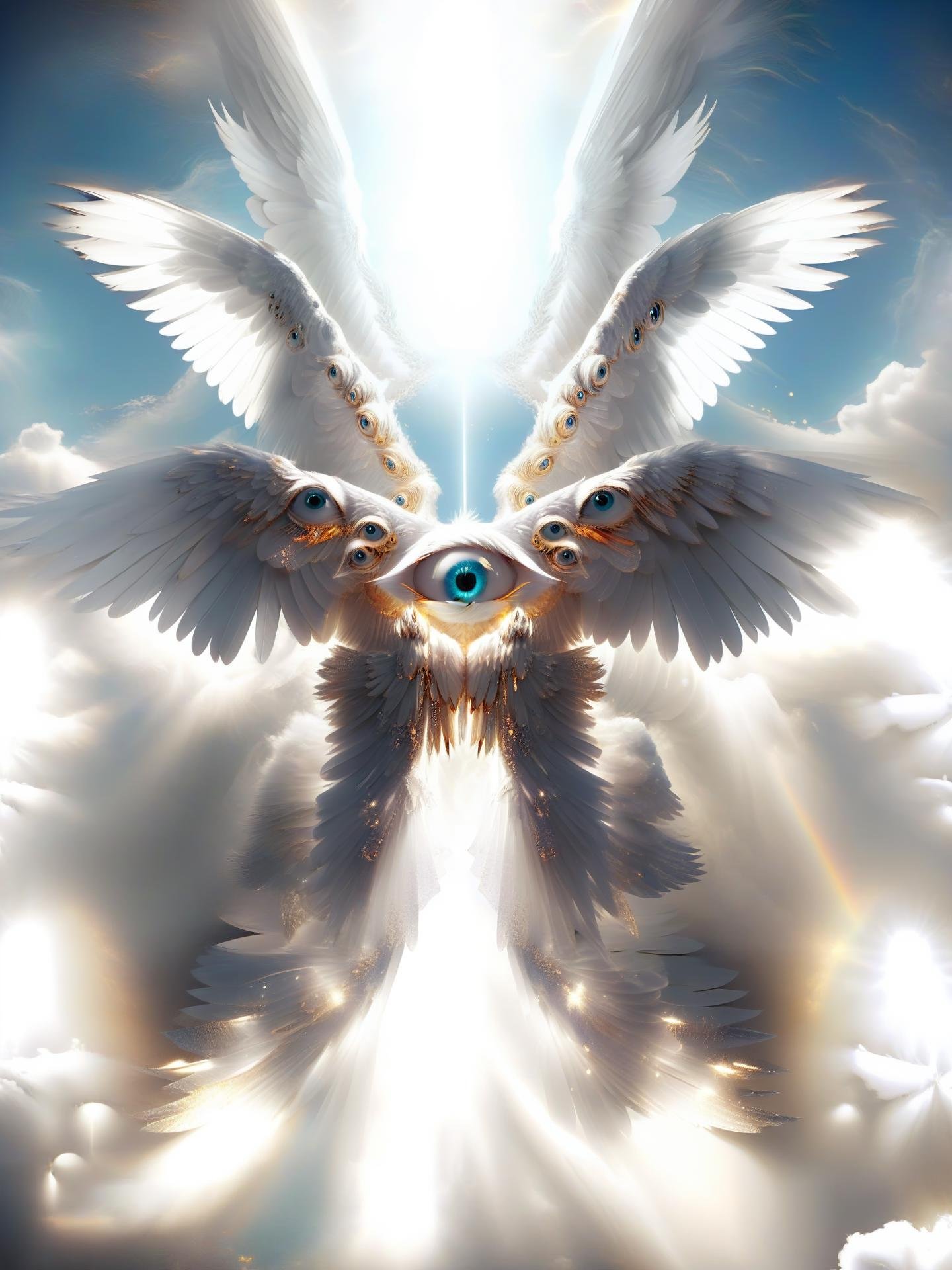 clouds, light ray, light particles, huge wings of divine light spread out, all formed by divine light particles, the huge and magnificent translucent wings, big eye, biblically accurate angel, (feather) wings, seraphim, angelic creature, biblaccurang, <lora:biblaccurang_lora_sdxl:0.8>