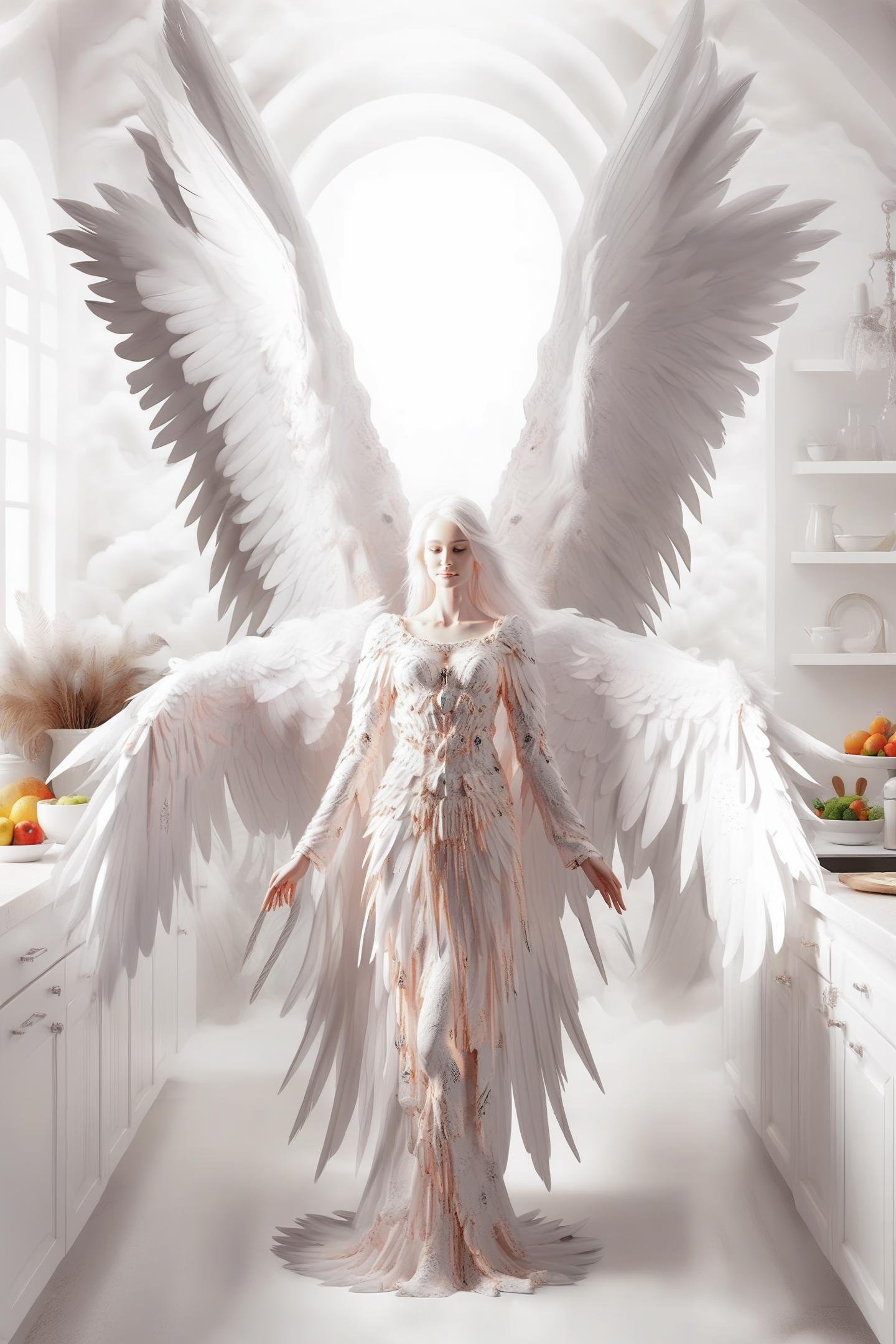 beautiful angel woman standing in kitchen, long feather dress, feather wings, angelic creature, biblically accurate angel, biblaccurang,<lora:biblaccurang_lora_sdxl:0.9>