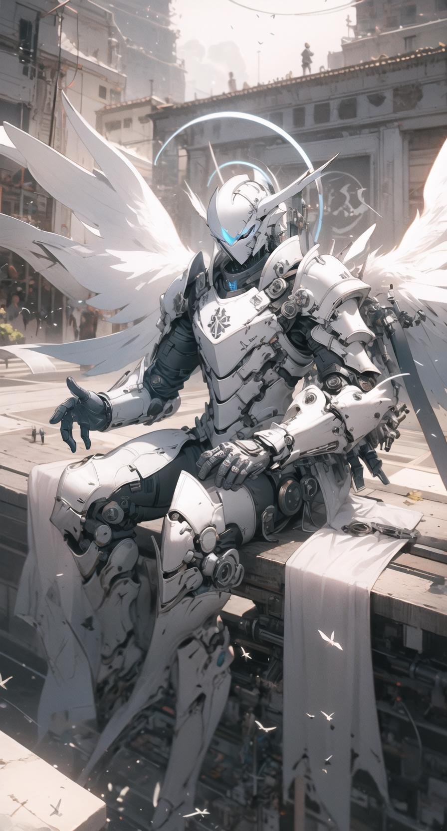 mechangel, wings, solo, sitting,armor, halo, building, mechanical wings <lora:mechaangelv2-noise:1>