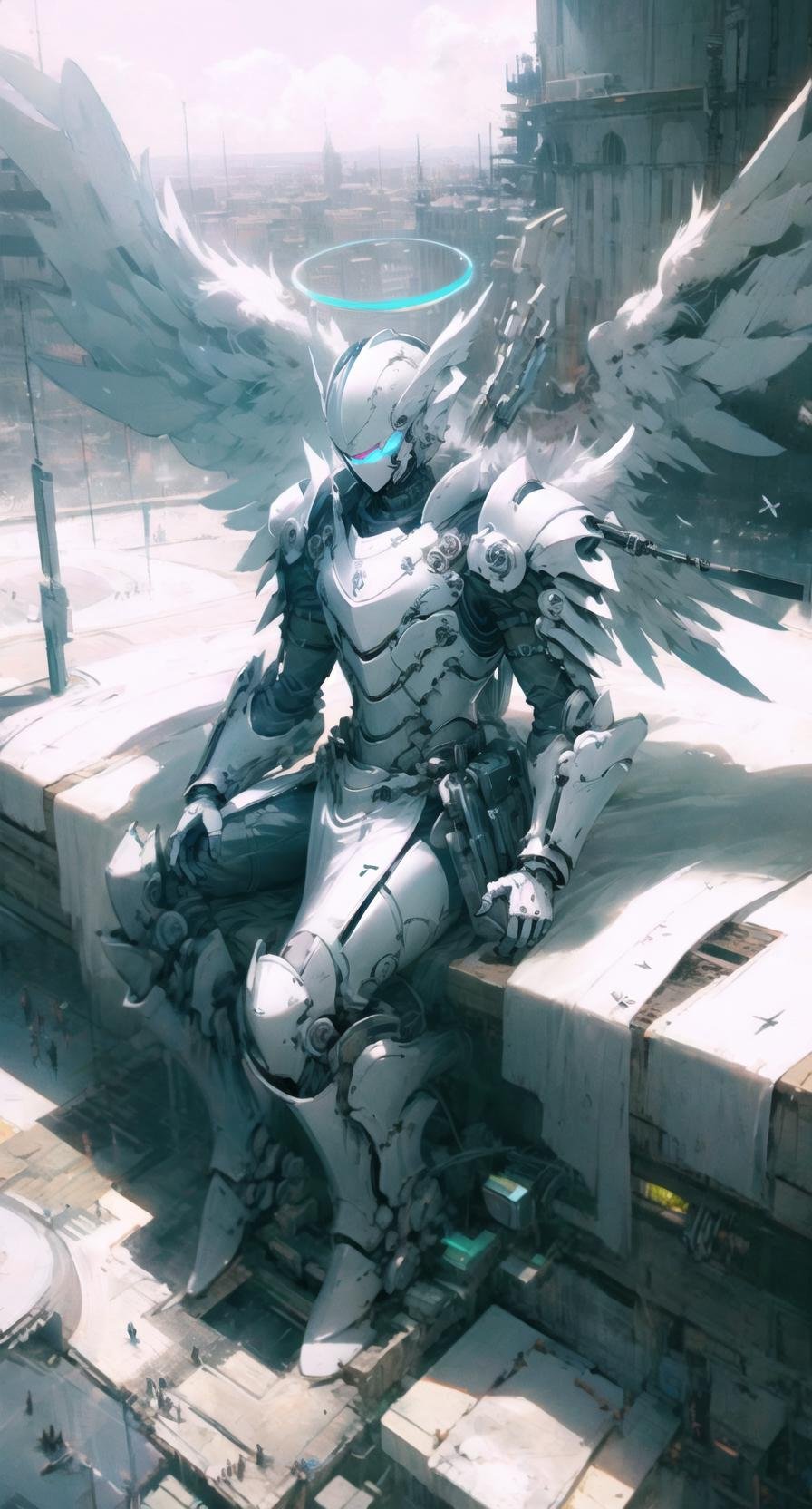 mechangel, wings, solo, sitting,armor, halo, building, mechanical wings <lora:mechaangelv2-noise:1>