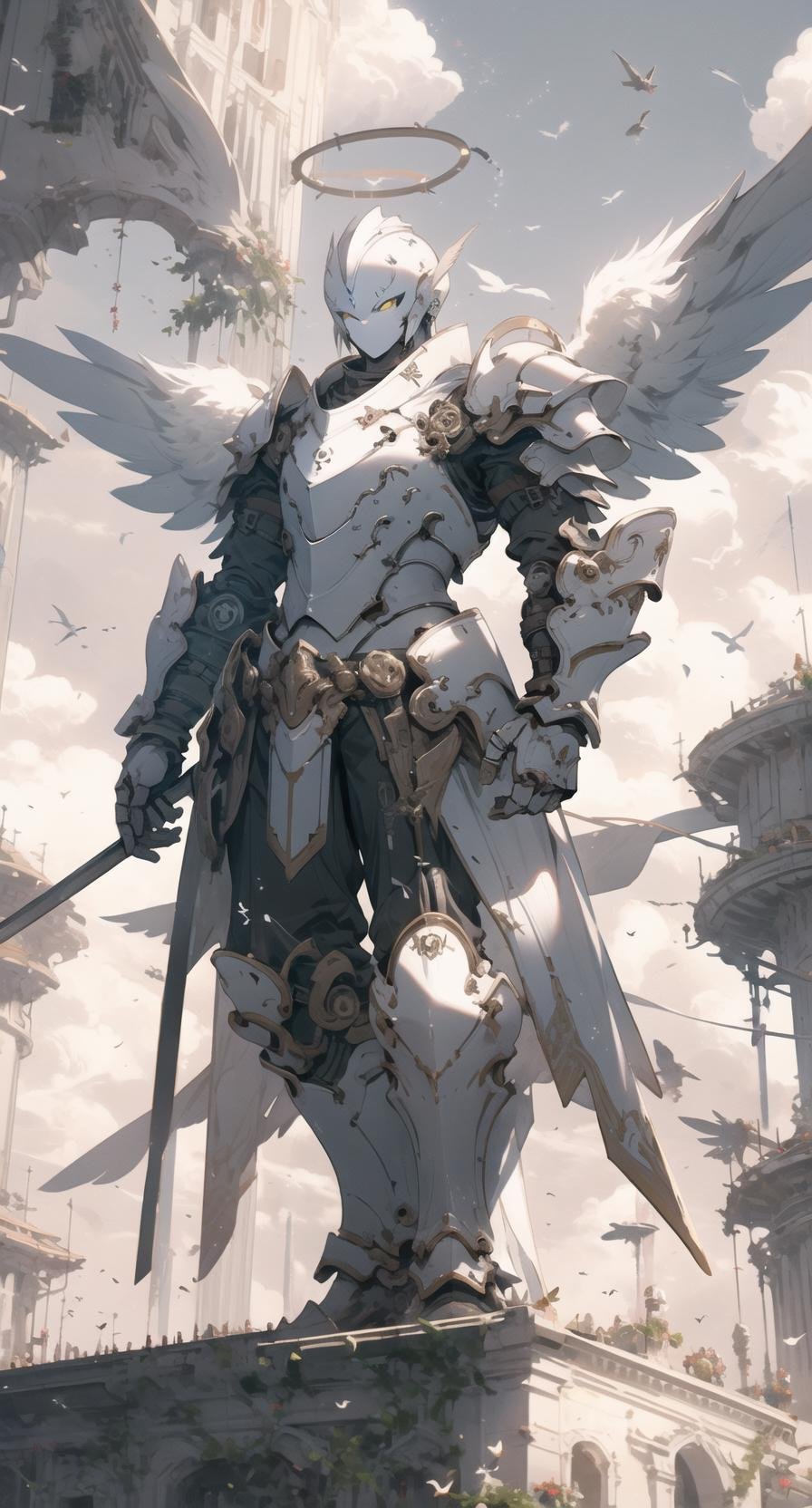 mechangel, armor, wings, sky, angel, cloud, full armor, outdoors, halo, angel wings, robot, bird, day <lora:mechaangelv2-noise:1>