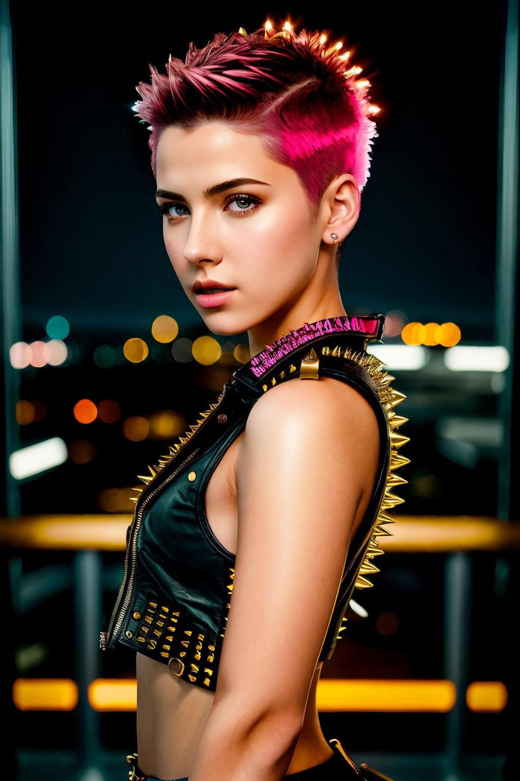 masterpiece, photorealistic highly detailed 8k photo, best cinematic quality, volumetric lighting and shadows, young woman in spltc with spikes, buzz cut  pink, airport background <lora:leather jacket with spikes_v2-000007:1>