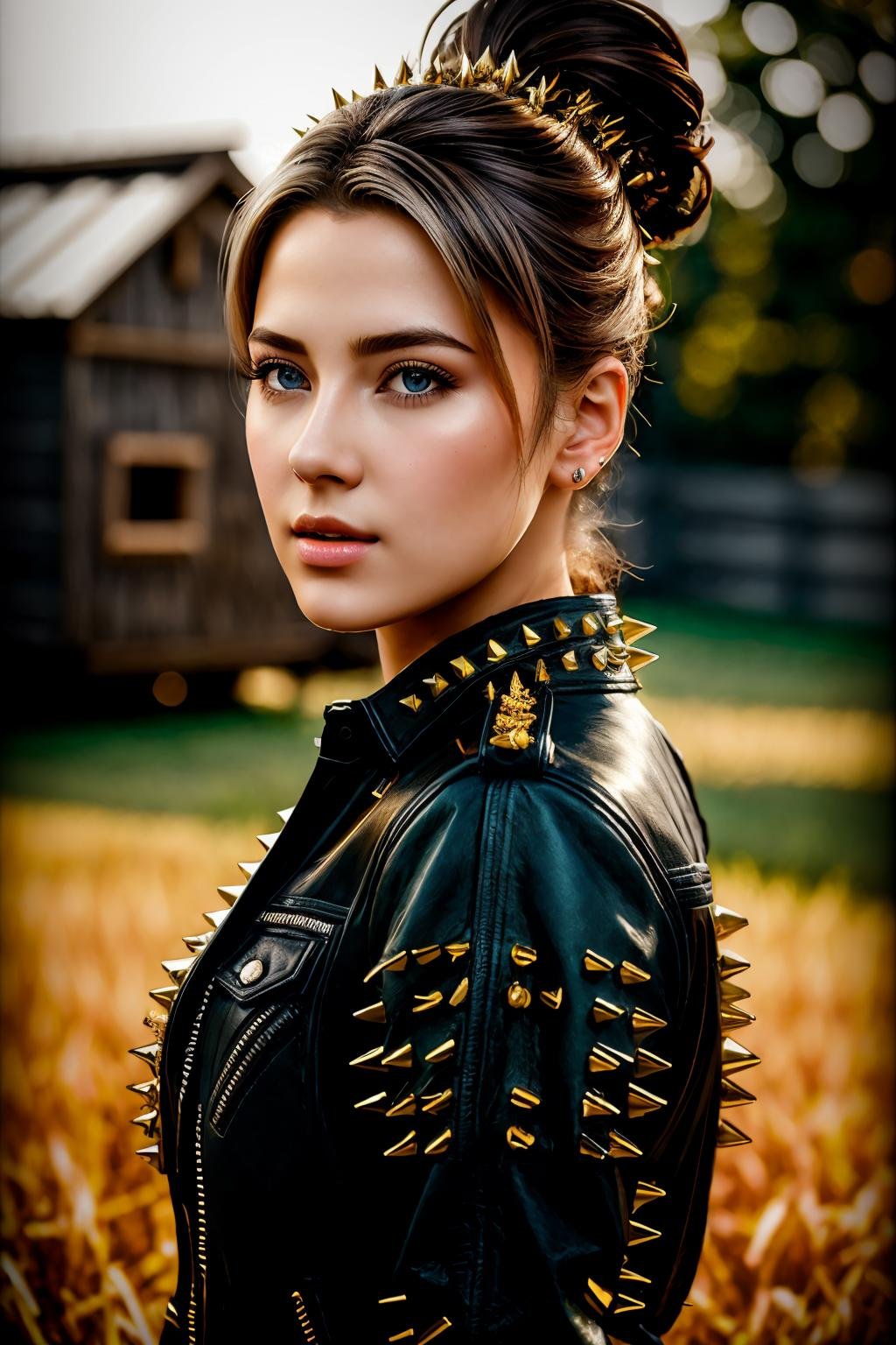 masterpiece, photorealistic highly detailed 8k photo, best cinematic quality, volumetric lighting and shadows, young woman in spltc with spikes, updo hairstyle  medium blonde, hen house background <lora:leather jacket with spikes_v2-000007:1>