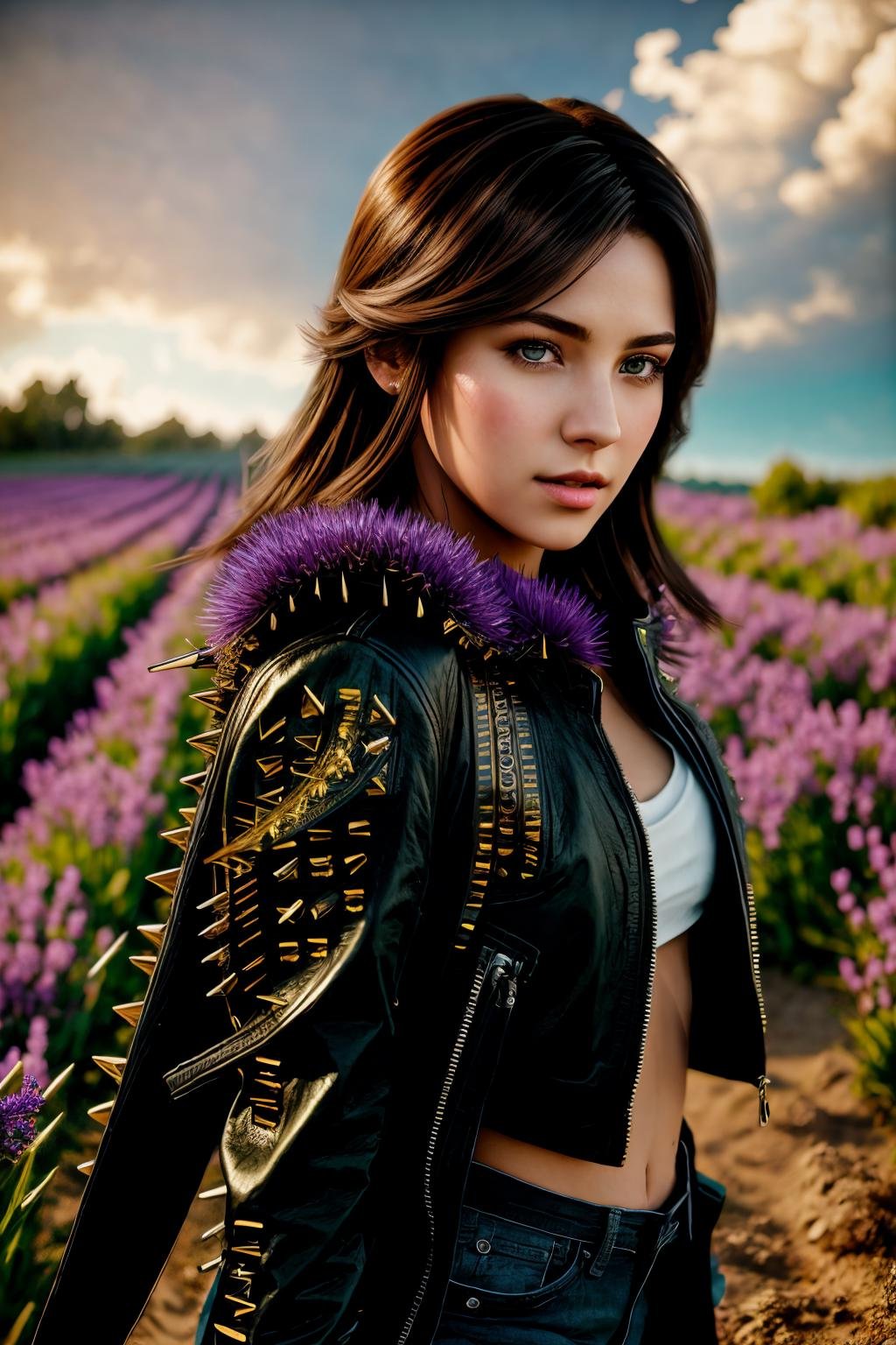 masterpiece, photorealistic highly detailed 8k photo, best cinematic quality, volumetric lighting and shadows, young woman in spltc with spikes, hair flaps  purple, field of flowers background <lora:leather jacket with spikes_v2-000007:1>