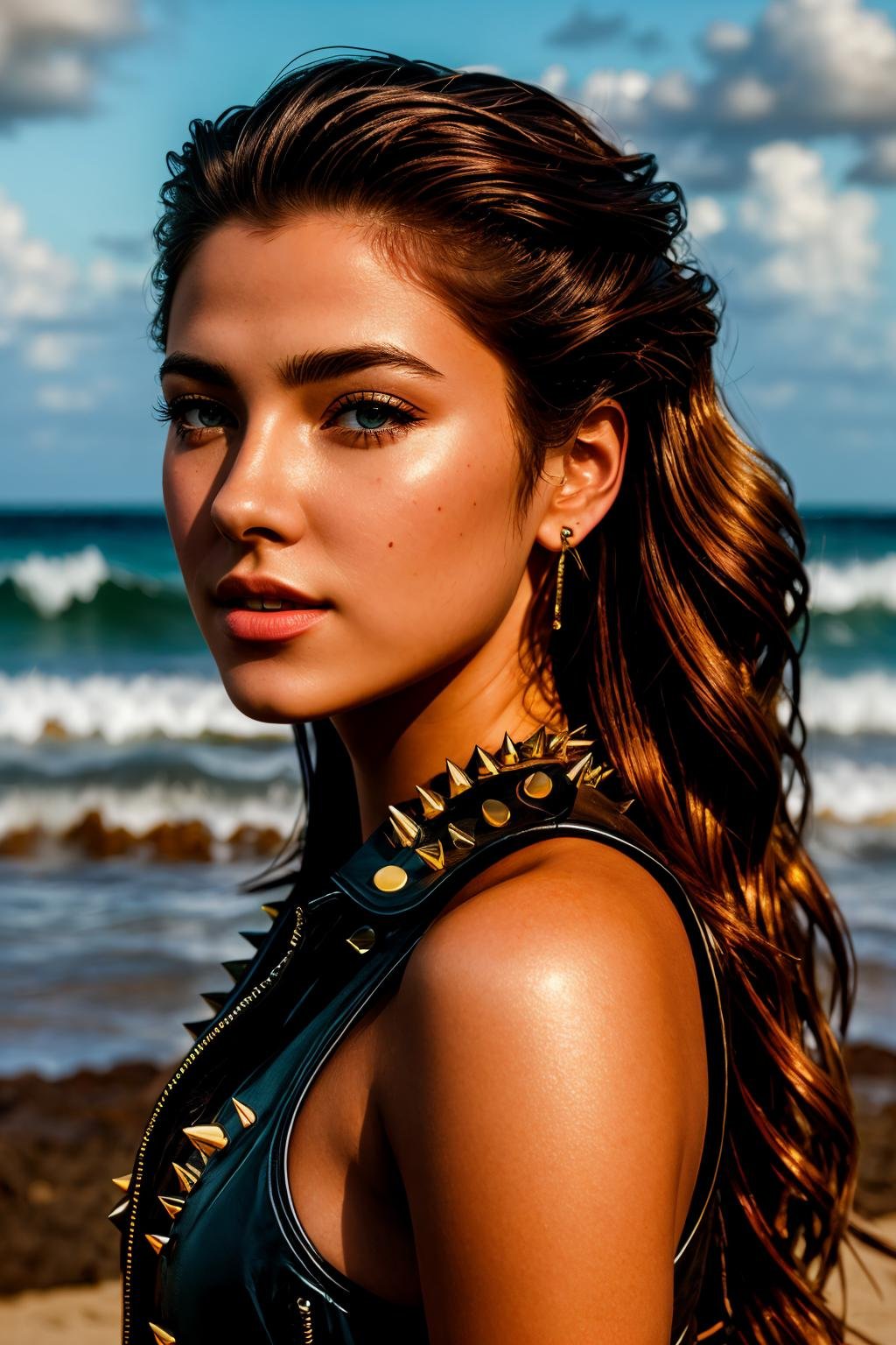 masterpiece, photorealistic highly detailed 8k photo, best cinematic quality, volumetric lighting and shadows, young woman in spltc with spikes, beach waves  auburn, cosmic background <lora:leather jacket with spikes_v2-000007:1>